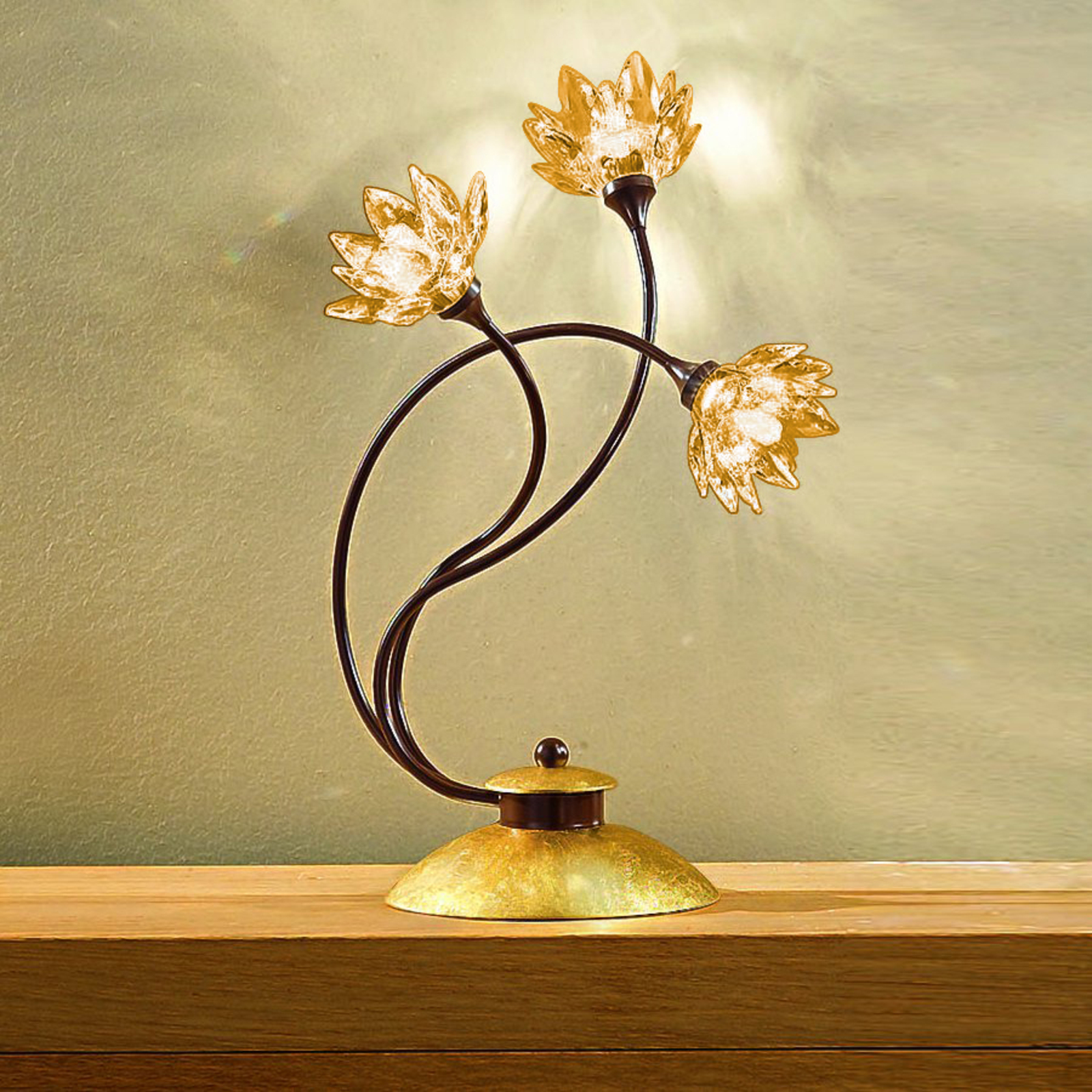 Blommig bordslampa Fiorella, kristall bärnsten