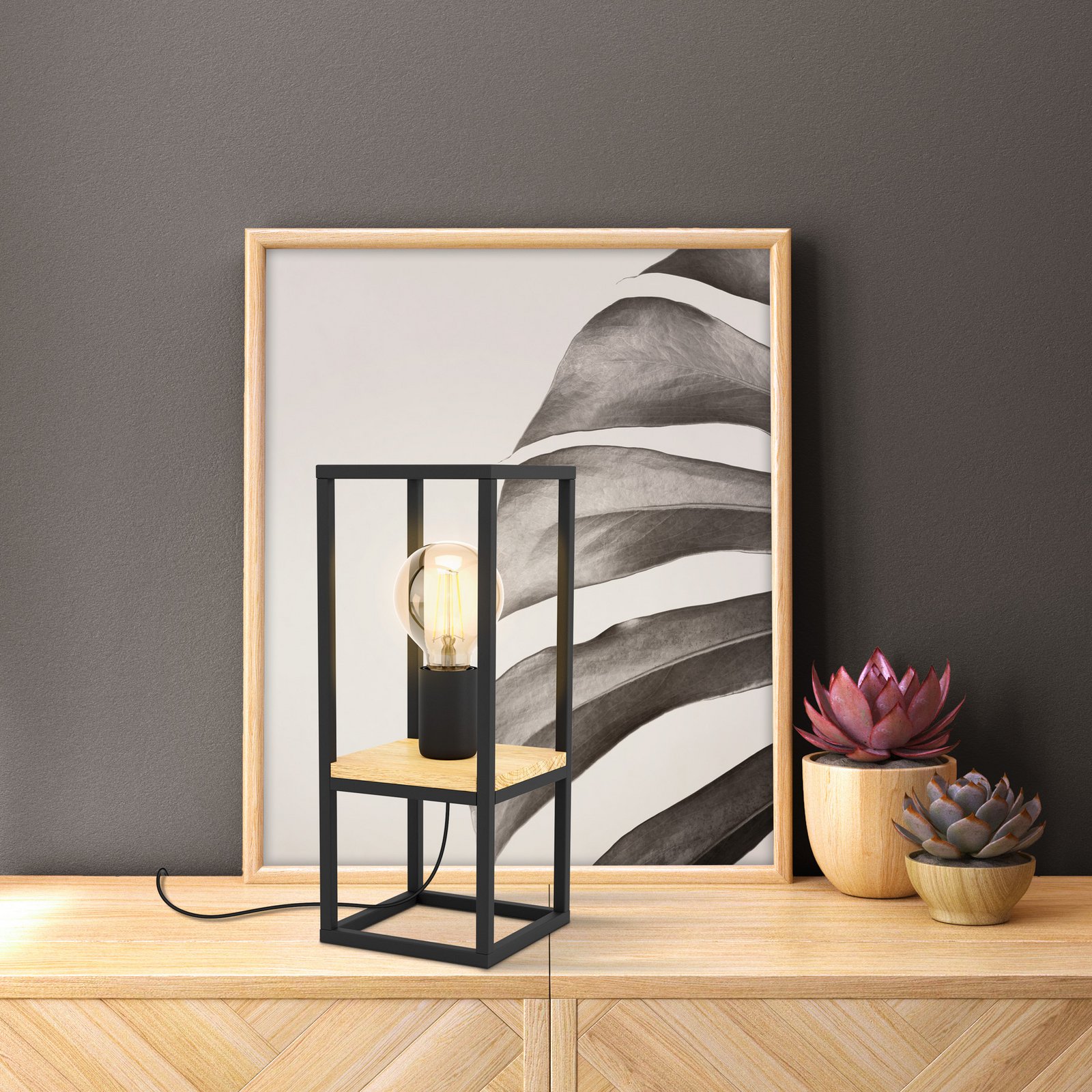 Stolna lampa Libertad, visina 35 cm, crna/drvo, čelik