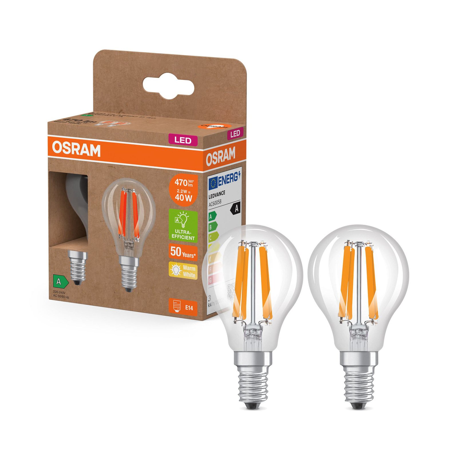 OSRAM LED Tropfen Filament E14 2,2W 2700K 470lm 2er-Pack