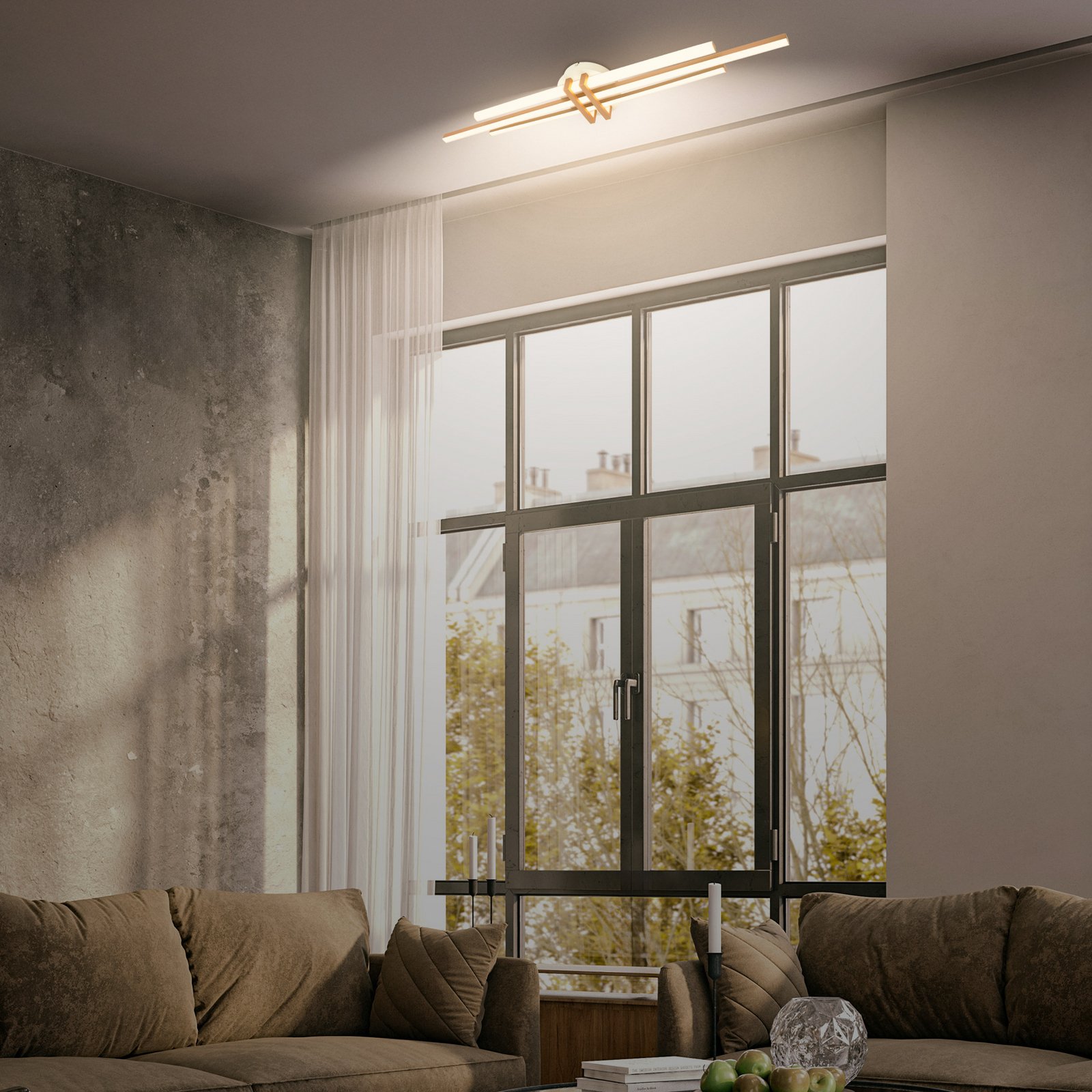 Plafonnier LED Tinka, gris clair/marron, longueur 98 cm