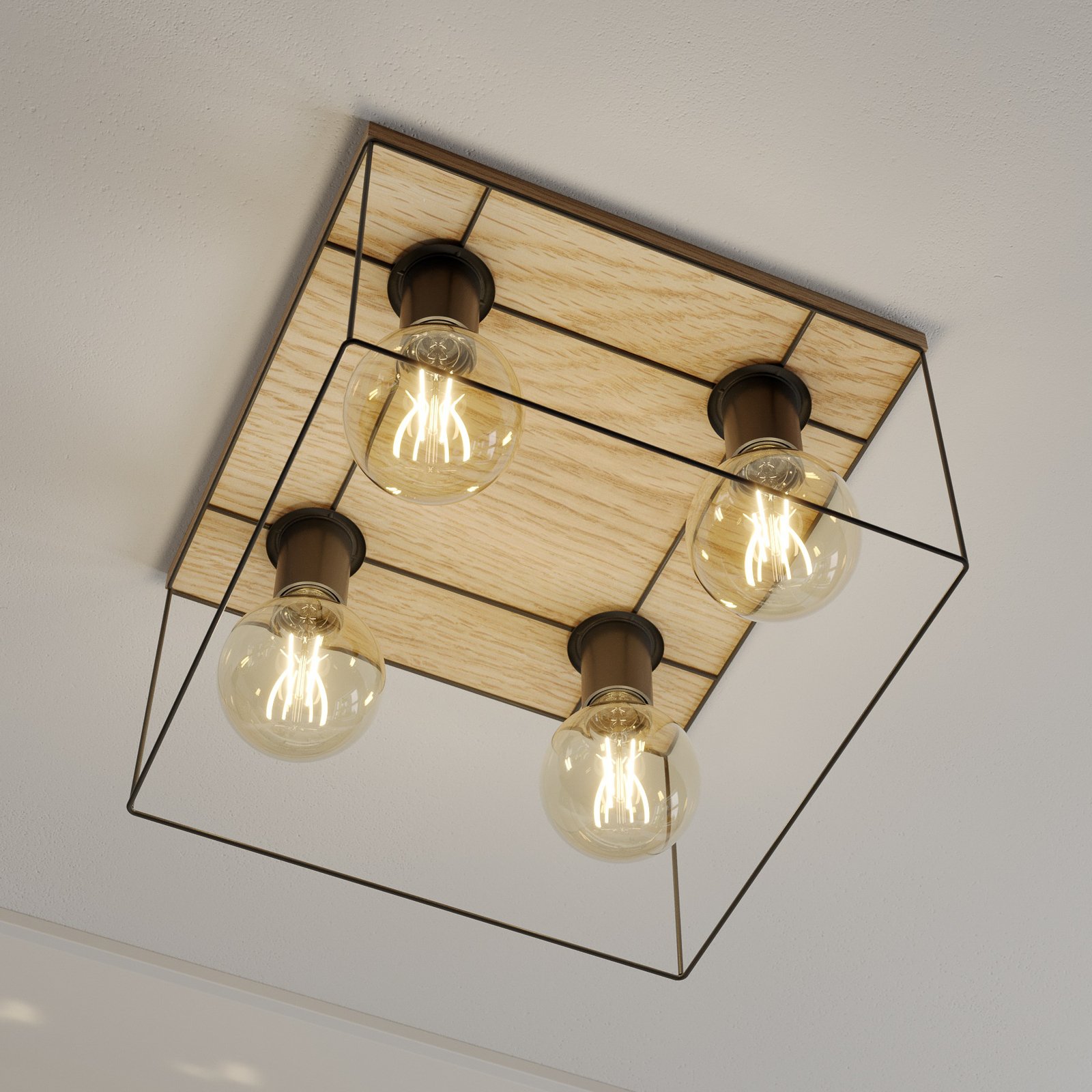 Envostar Gretter plafondlamp, metaal/eiken, 4-lamps