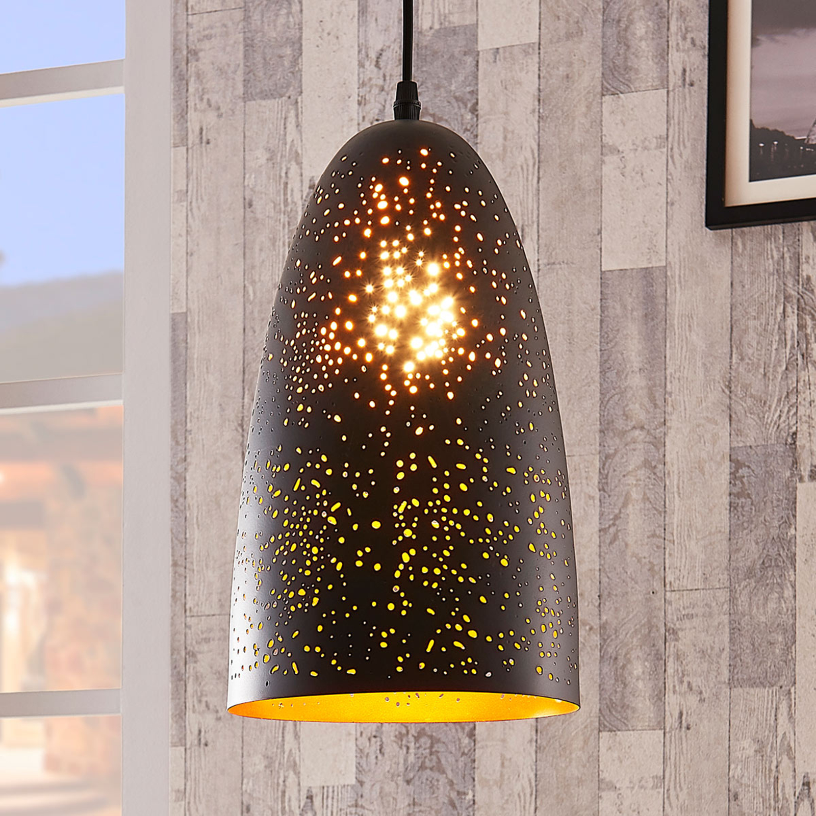 Lindby Black-golden pendant lamp Tola made of metal, for Kitchen, metal, E27, 60 W, energy efficiency: A++, H: 34 cm
