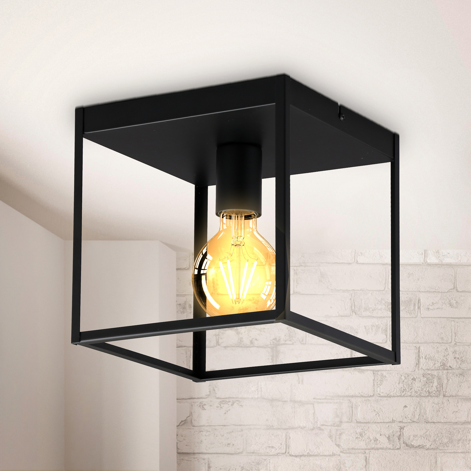 Plafondlamp Indu, zwart, hoekig, 1-lamp, E27