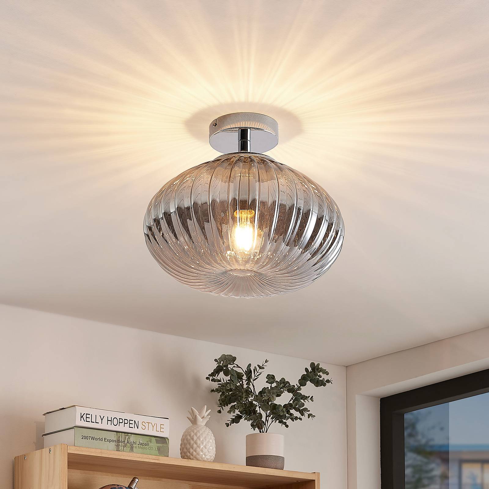 Lindby Defne ceiling light, smoky grey, for Living / Dining Room, iron, glass, E27, 60 W, energy efficiency: A++, H: 26.5 cm