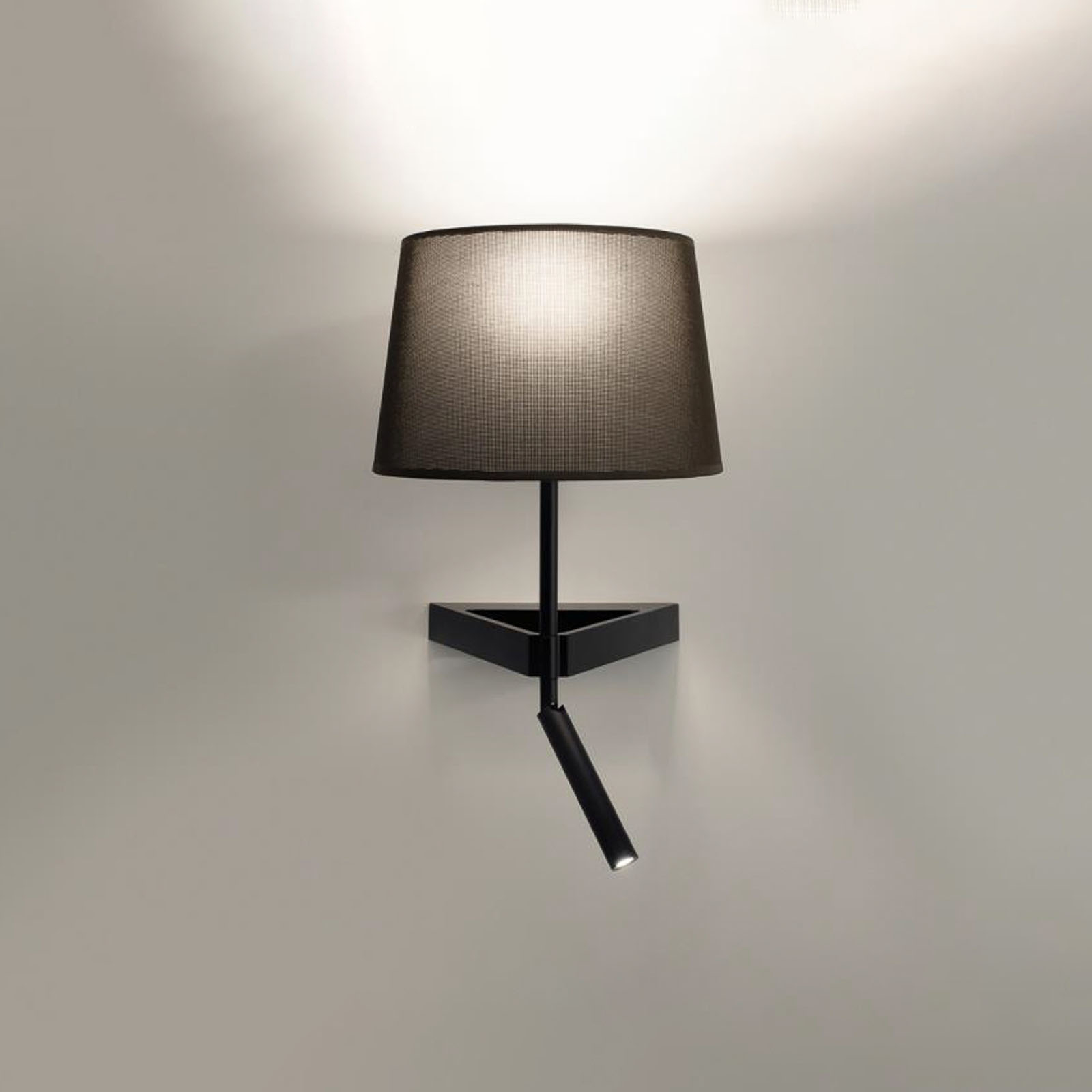 Bivio wall lamp with reading arm and linen shade