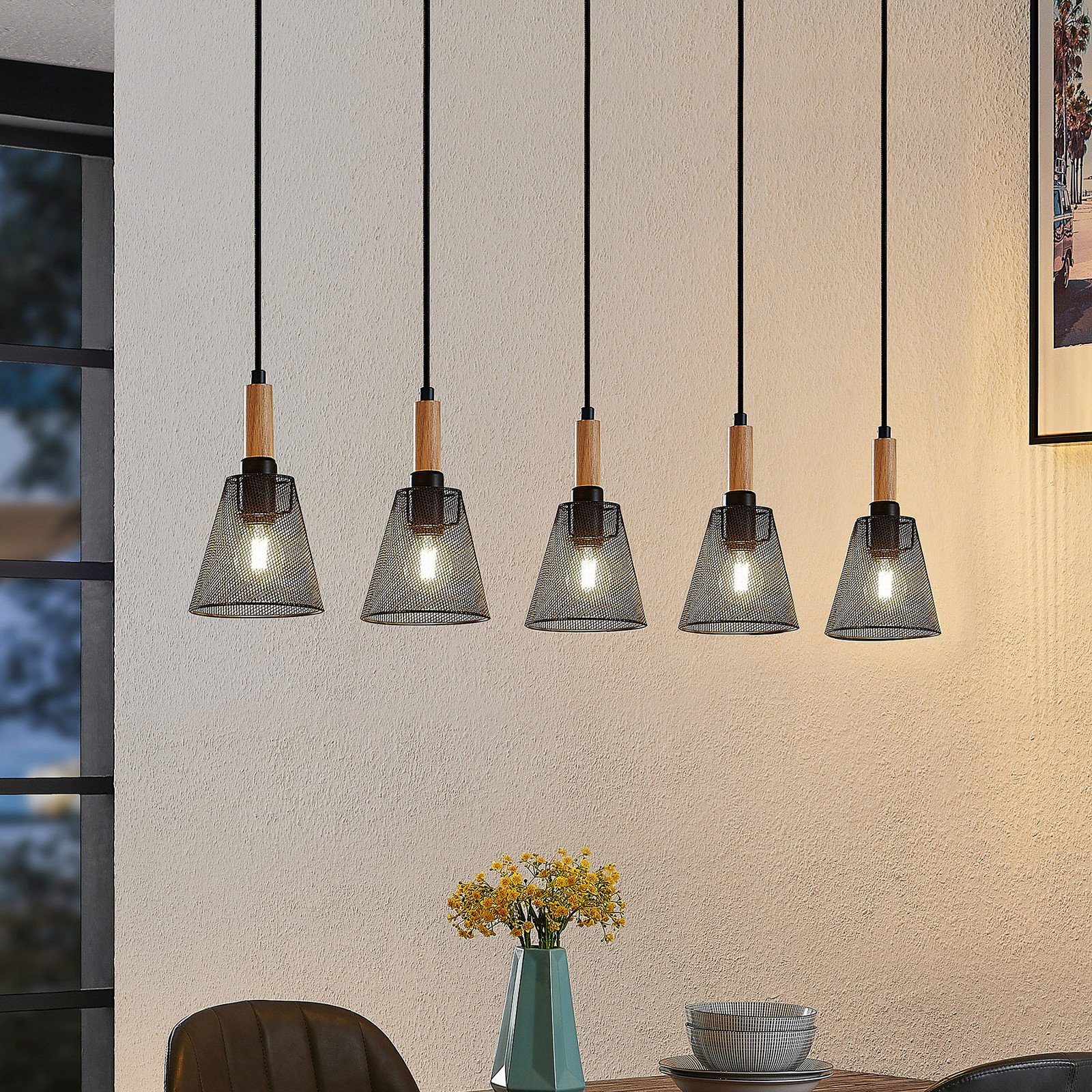 Lindby Layne lampă cu abajur de răchită 5 becuri - Camera de zi / sufragerie - Modern - negru lemn deschis - Metal