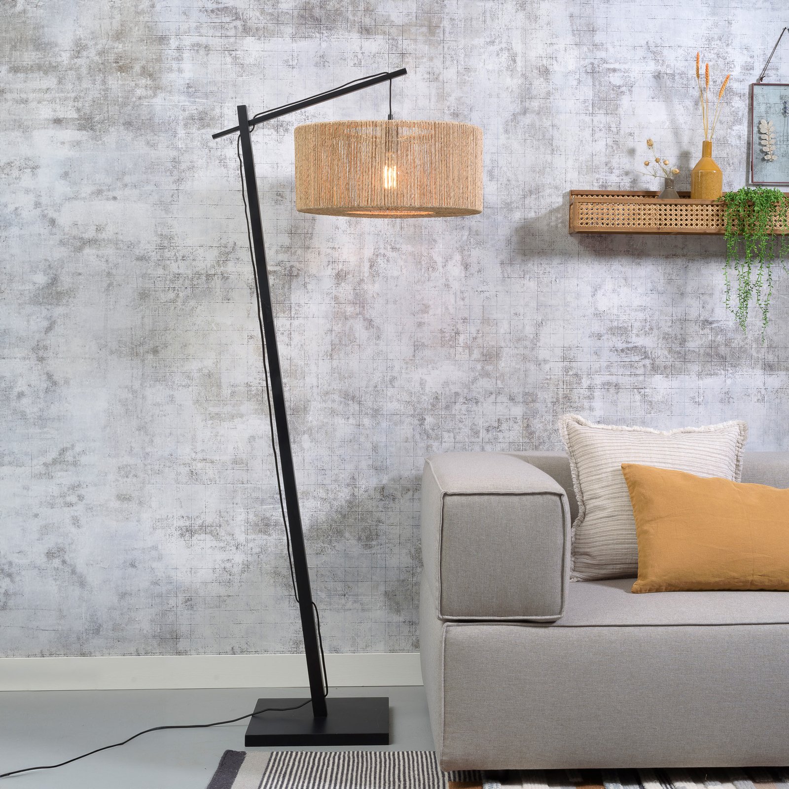 GOOD & MOJO Iguazu floor lamp, natural/black, Ø50cm, cylinder