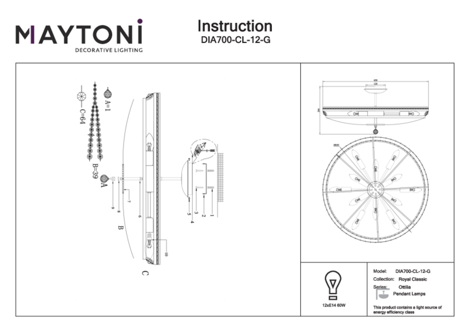 Maytoni taklampe Ottilia, Ø 65 cm, gullfarget, krystall