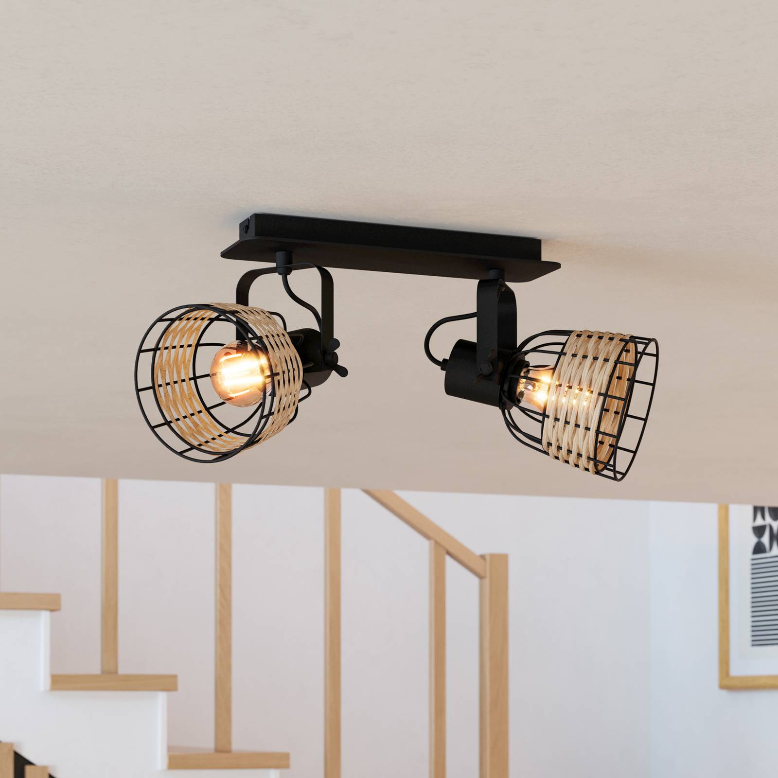 Deckenspot Anwick 1 Stahl/Rattan, zweiflammig günstig online kaufen