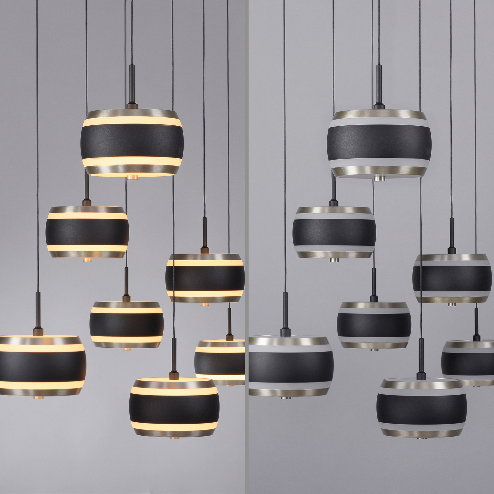 PURE LED-Hängelampe Falling Rings schwarz Länge 132 cm 7-fl.