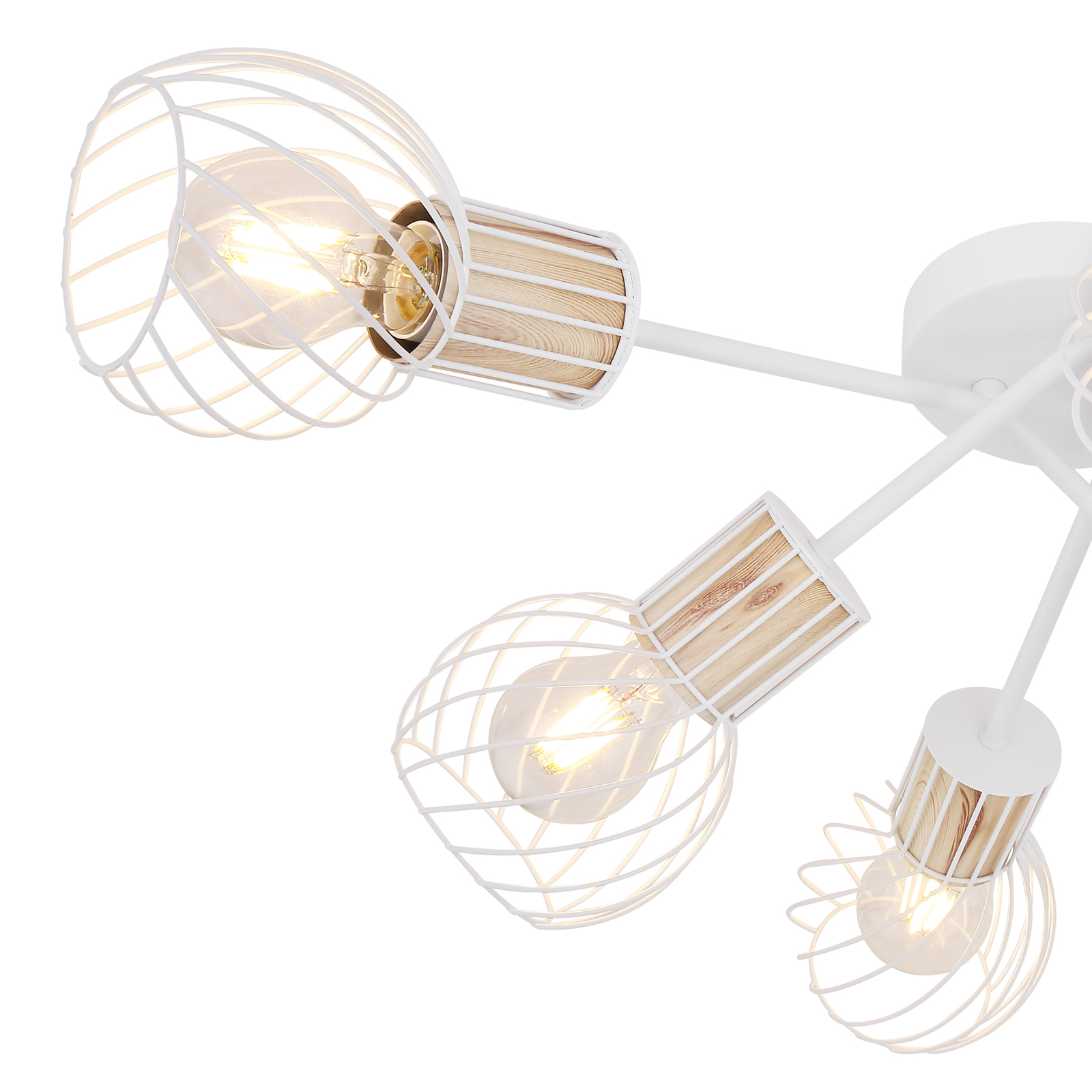 Plafondlamp Luise in wit en houtoptiek, 6-lamps