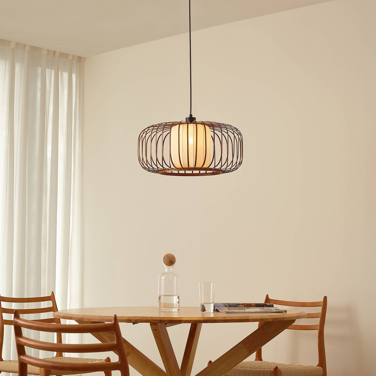 Lindby Pendelleuchte Davella, Ø 50 cm, Bambus, Textil günstig online kaufen
