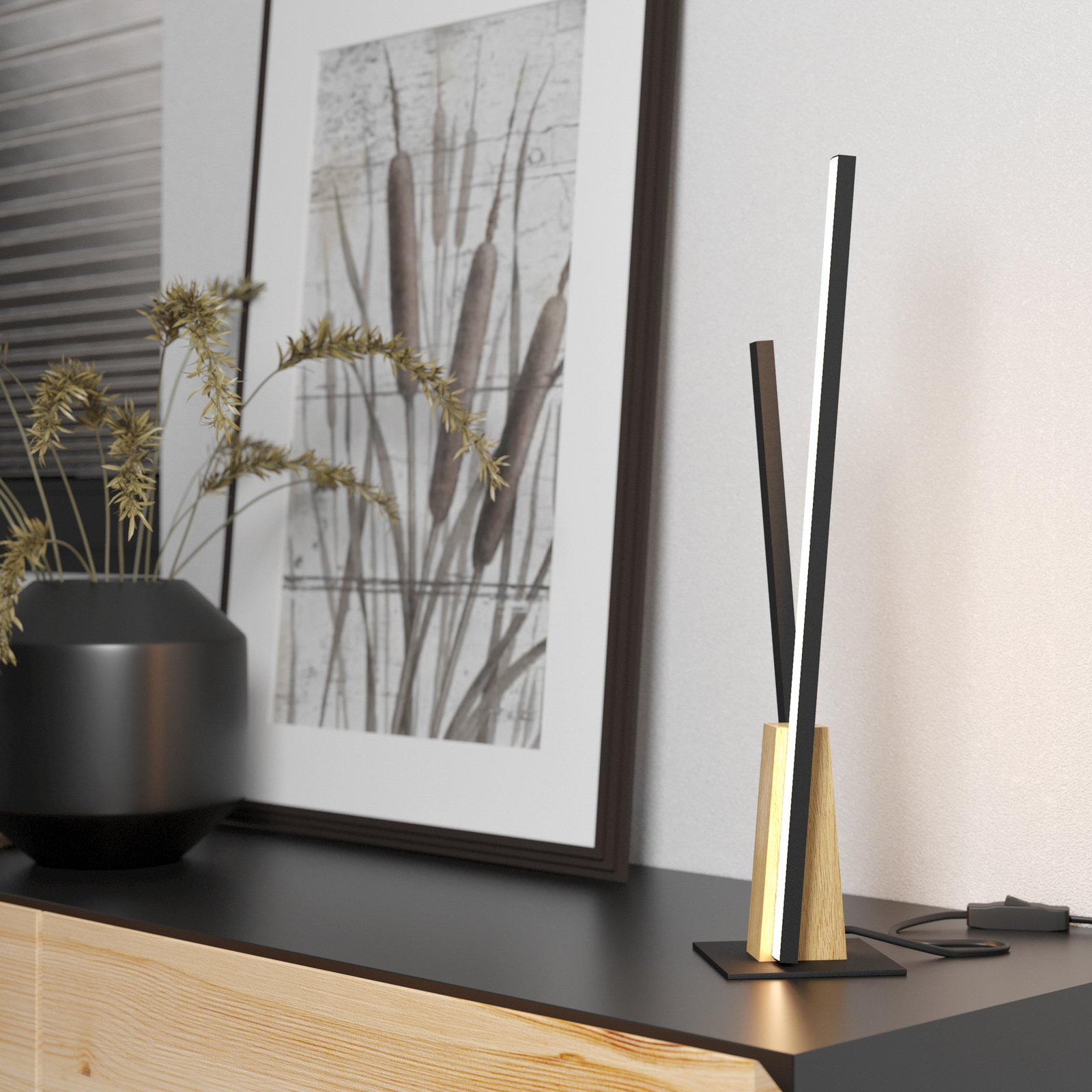 Panagria LED galda lampa, melna ar koka detaļām