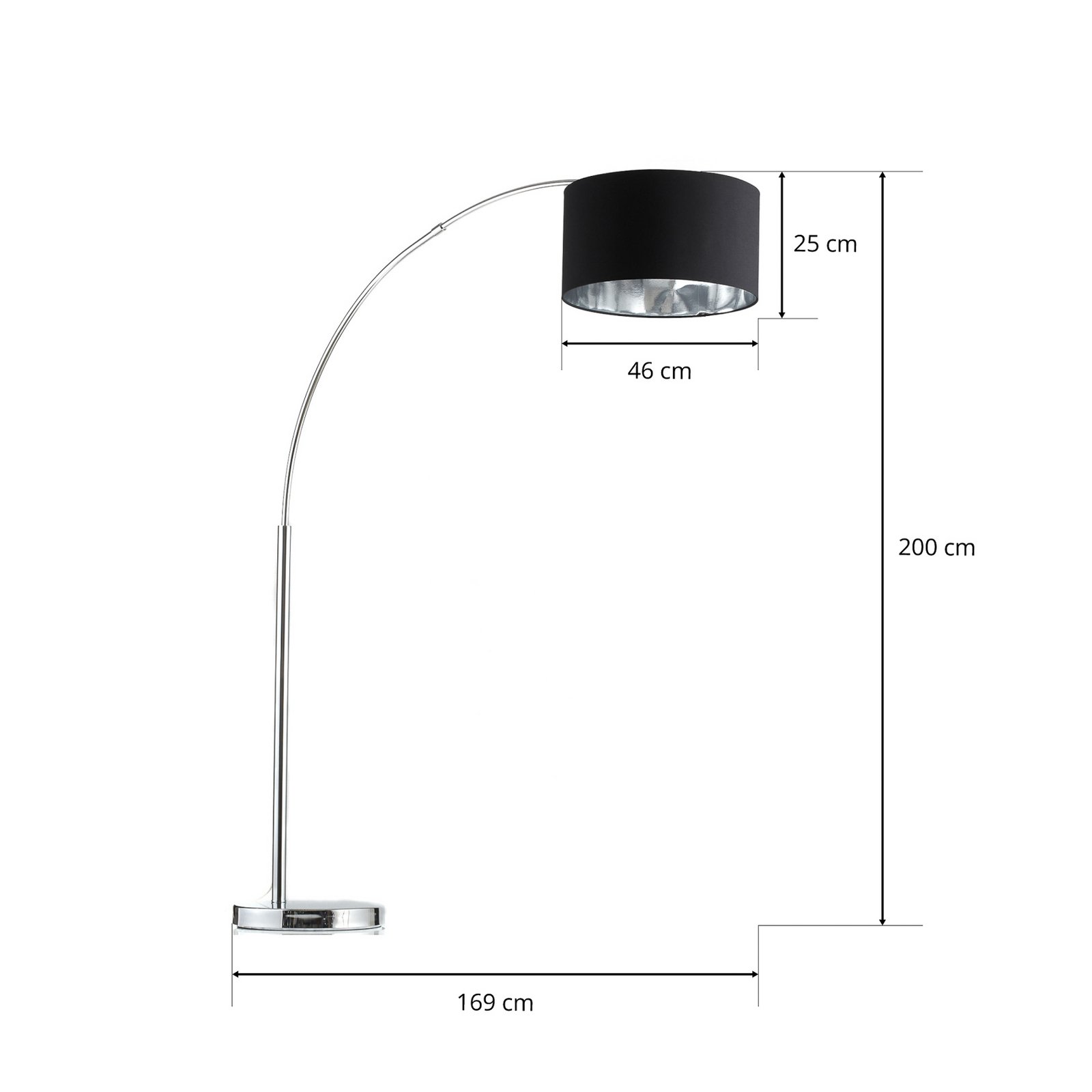 Lampa łukowa Mara, metal, tkanina, chrom, czarny