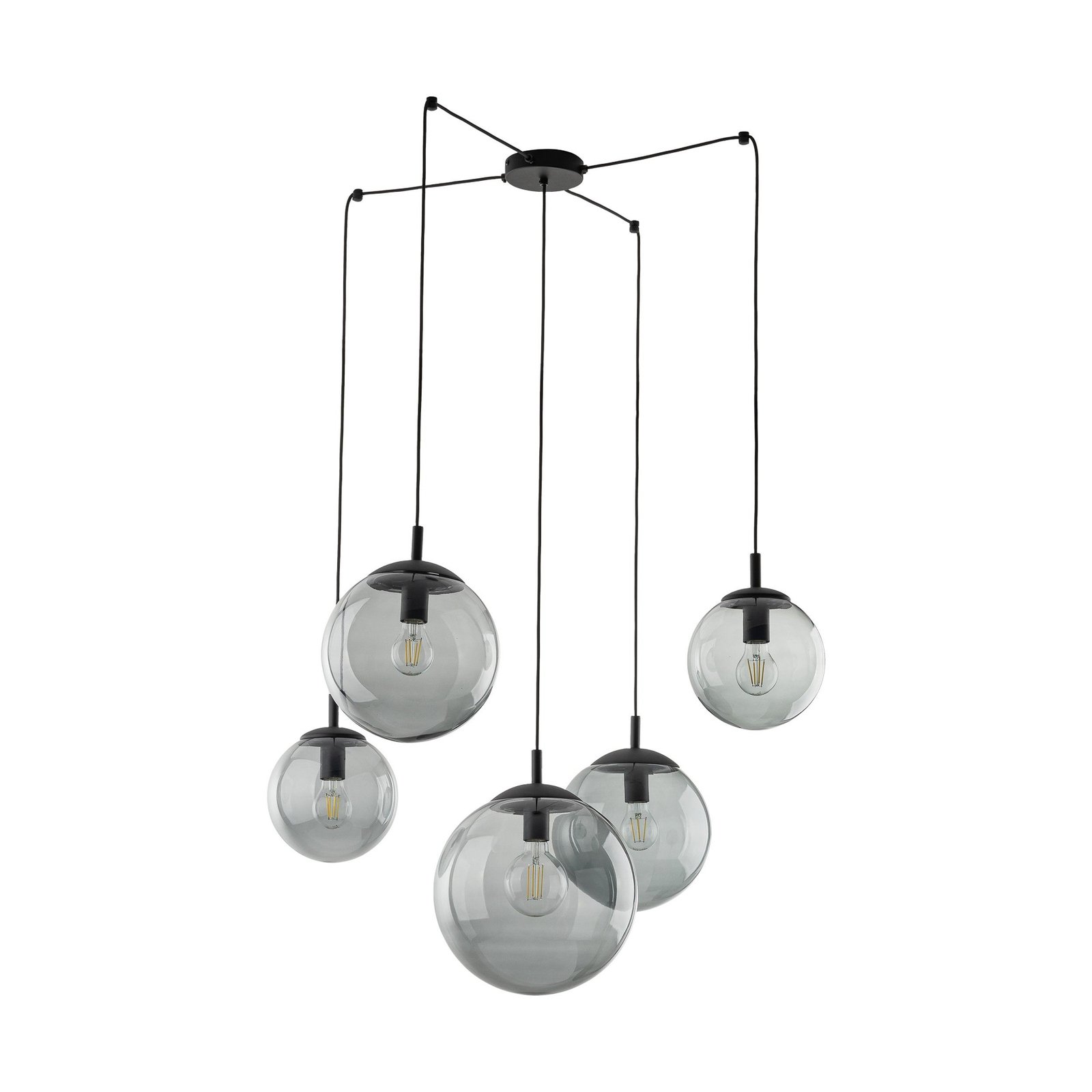 Hanglamp Esme, glas, grafiet-transparant, 5-lamps, decentraal