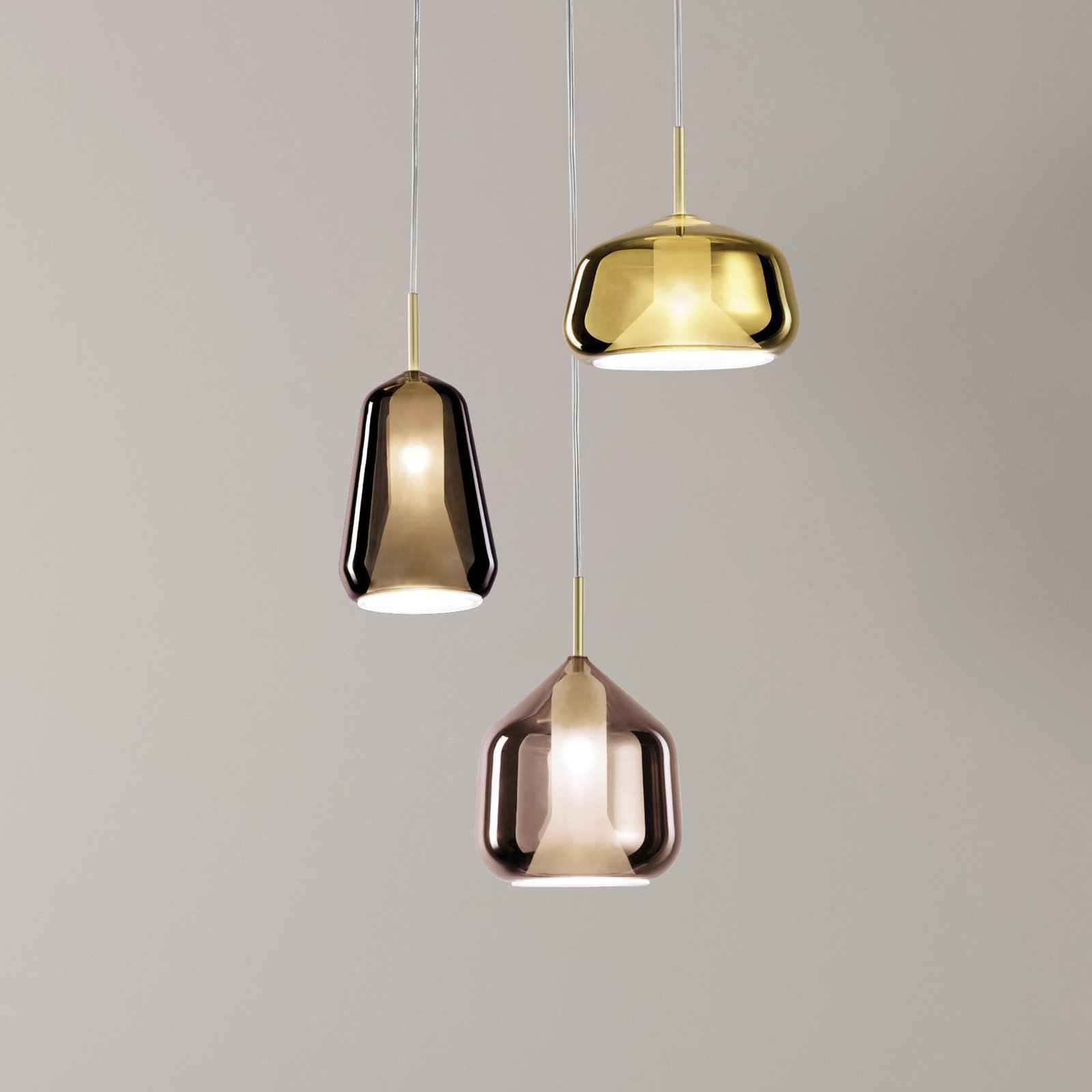 Pendant light X-Ray, bronze/copper/gold, 3-bulb round glass