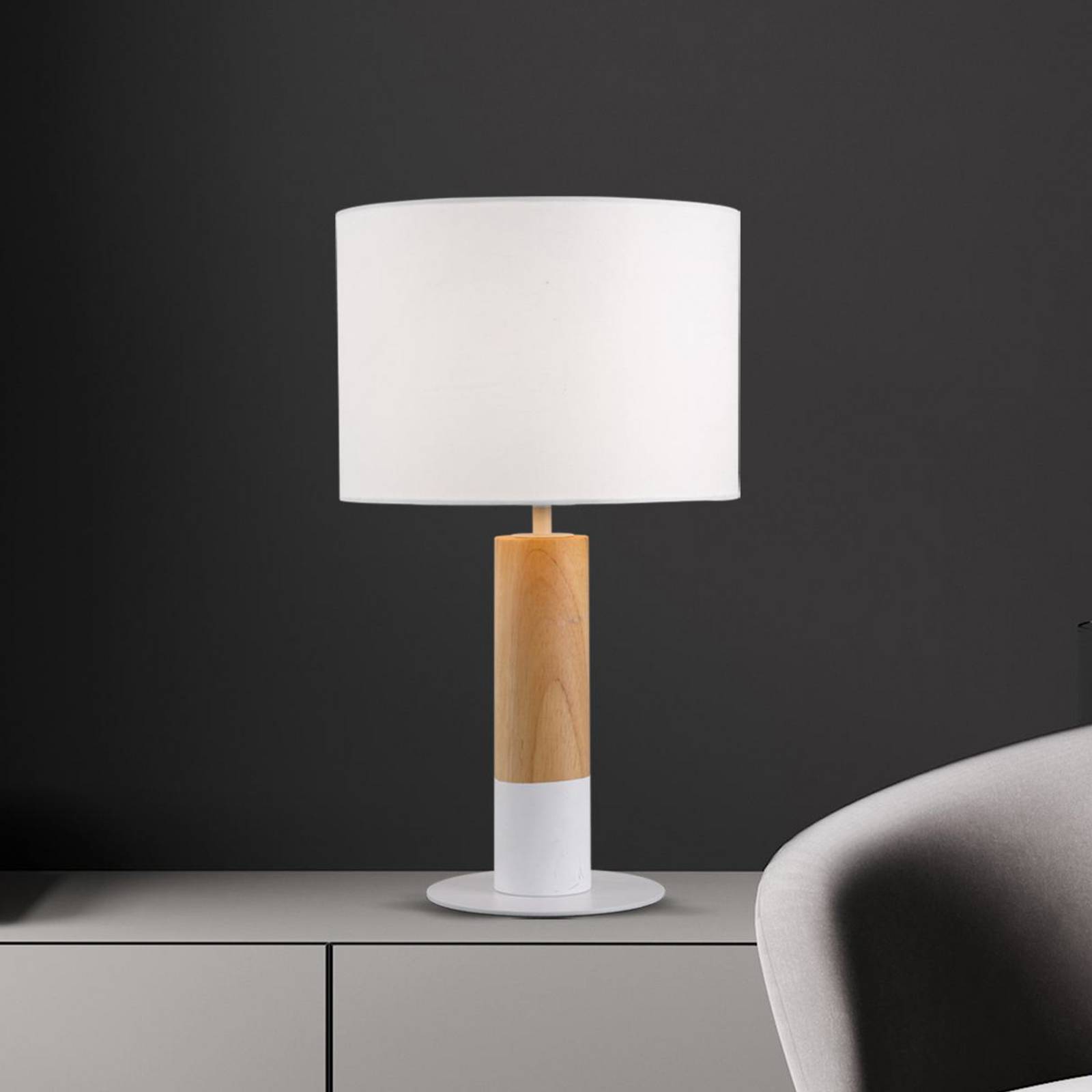 Viokef Tafellamp Carroll, hout licht/wit, hoogte 43 cm, stof