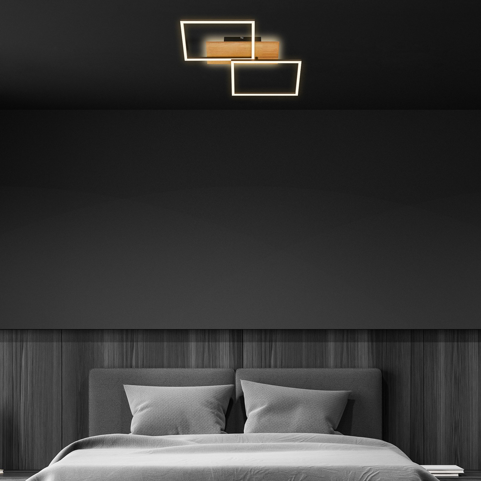 Plafonnier LED Cornice, 50x41 cm, bois, intensité variable