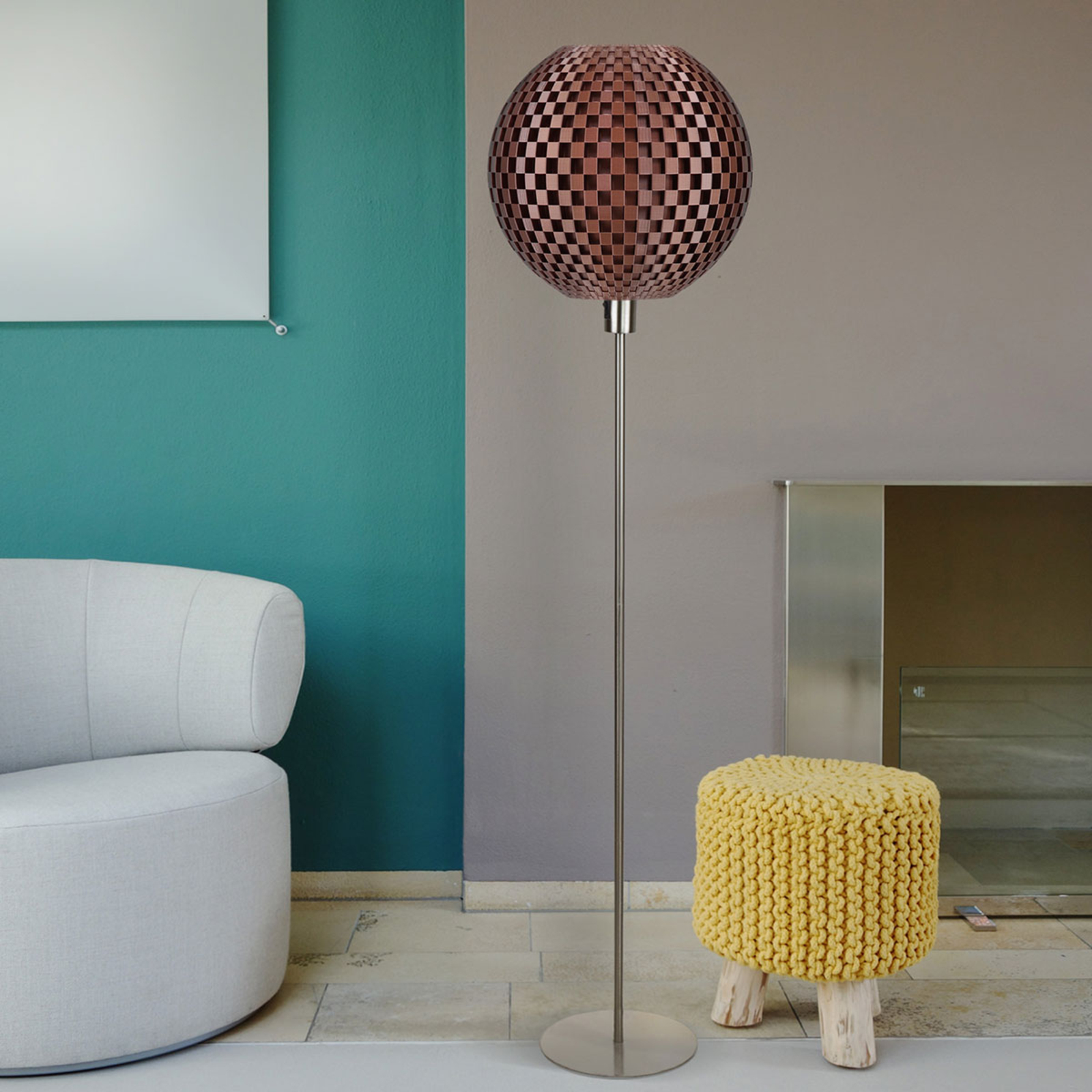 Tagwerk Flechtwerk floor lamp, spherical, copper, for Living / Dining Room, biomaterial, metal, E27, 40 W, energy efficiency: A++, H: 160 cm