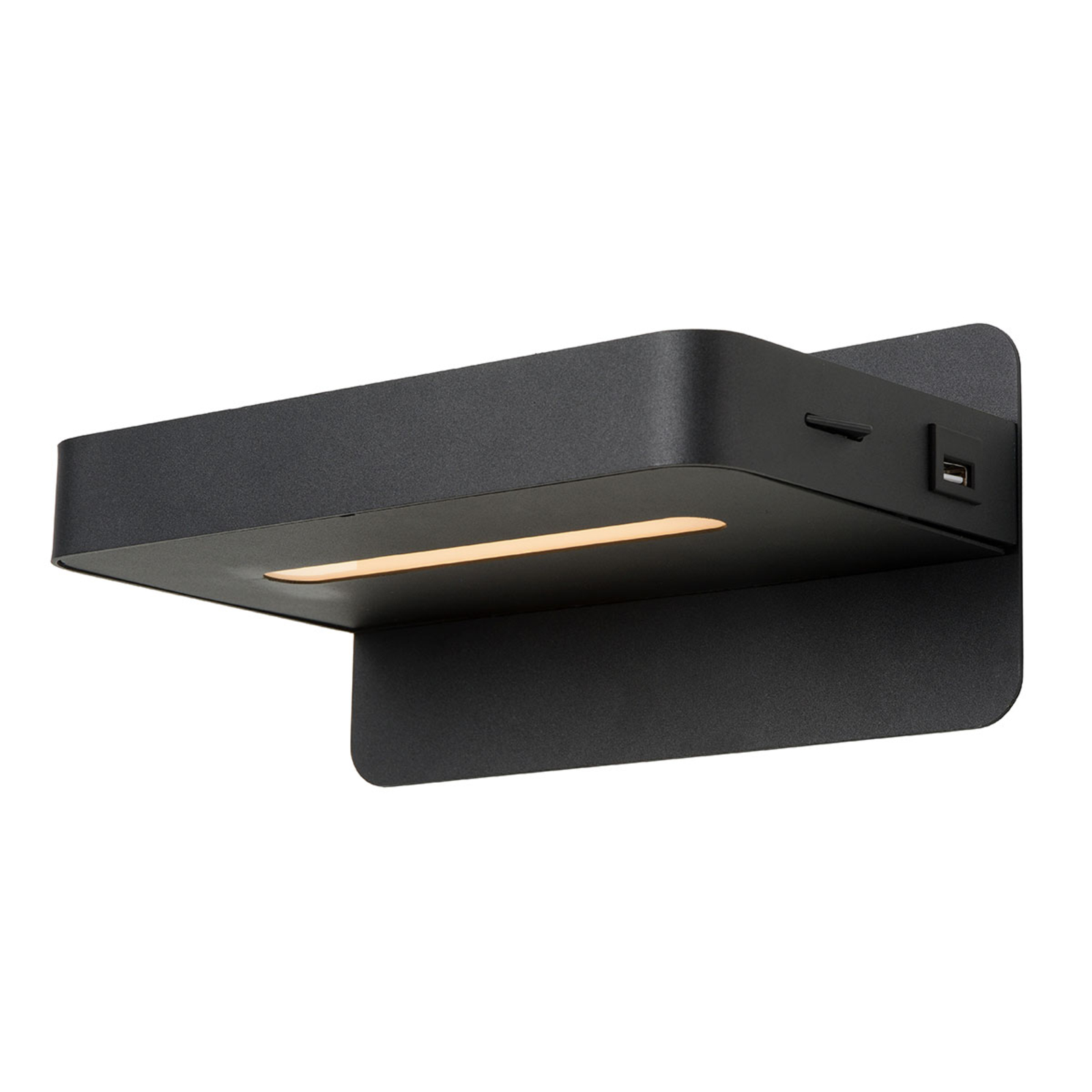 Lucide Black Atkin LED wall lamp with USB port, for Living / Dining Room, metal, 5 W, energy efficiency: A++, W: 25 cm, H: 11.5 cm