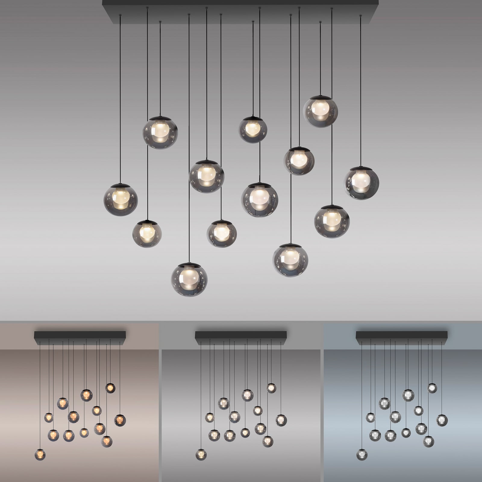 Popup LED-Hängelampe, grau/rauchgrau, 100 cm, 13-fl. - PURE