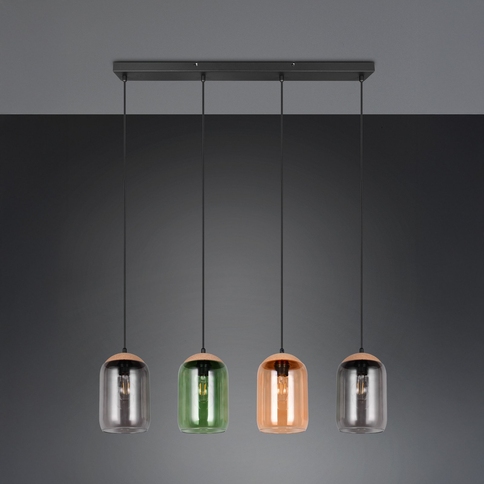 Cork pendant light, multicoloured, length 90 cm, 4-bulb glass/cork