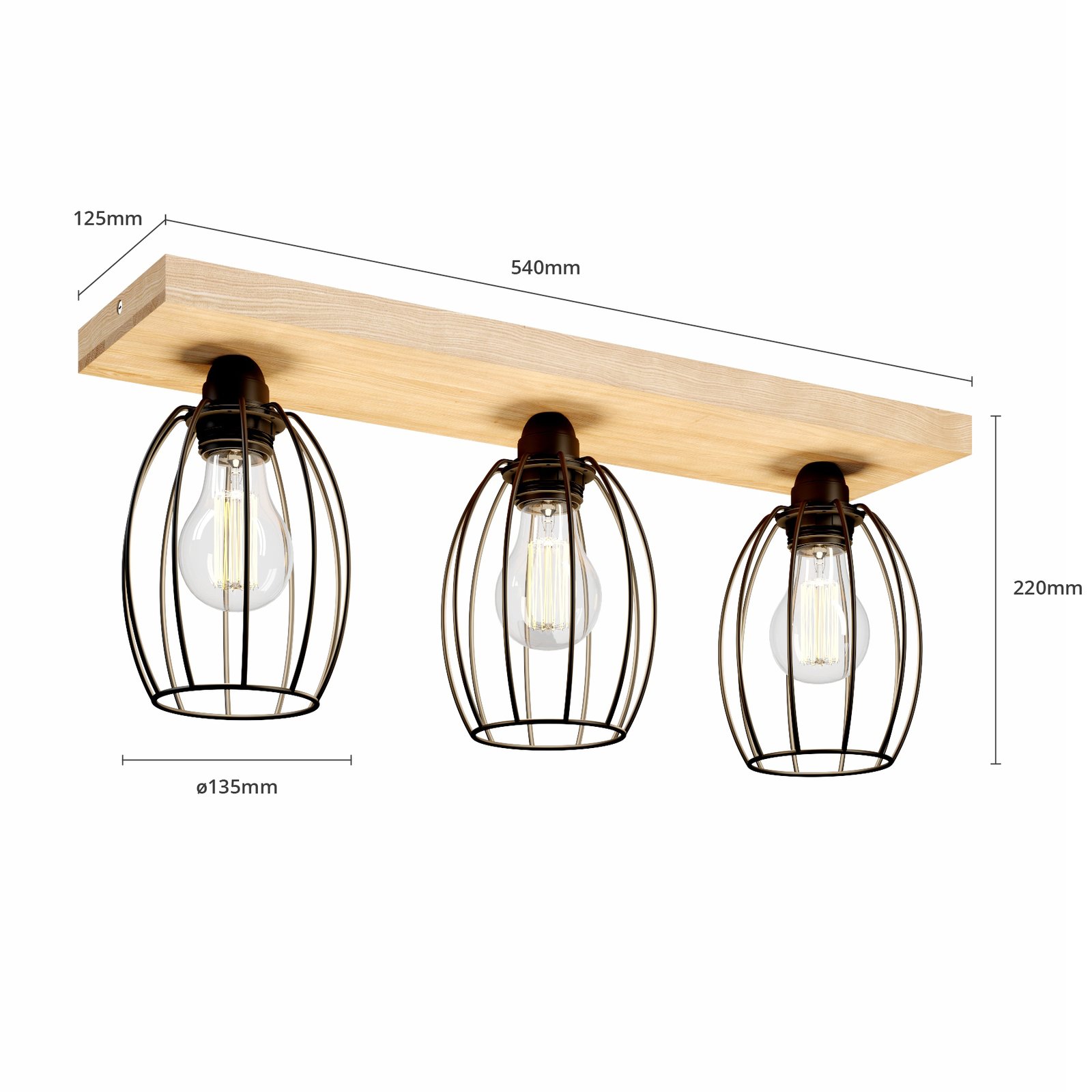 Beevly ceiling light, wood and metal, 3-bulb