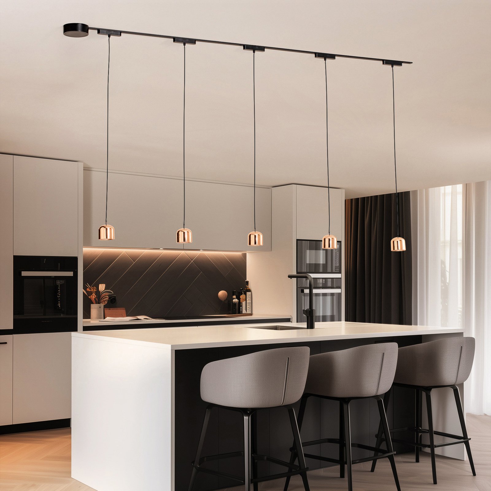 Système de lampes sur rail Lumaro, suspension, à 5 lampes, doré, 48V, intensité