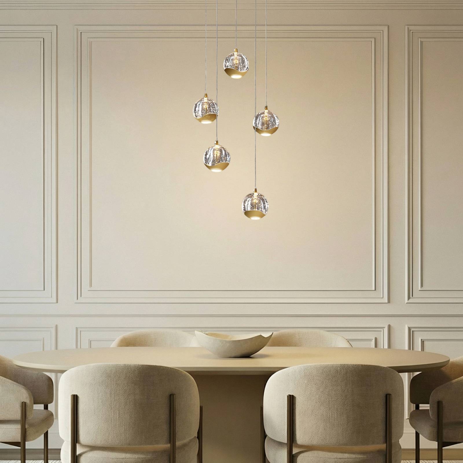 Lucande LED hanglamp Hayley, Ø 30 cm, 5-lamps, goud, glas