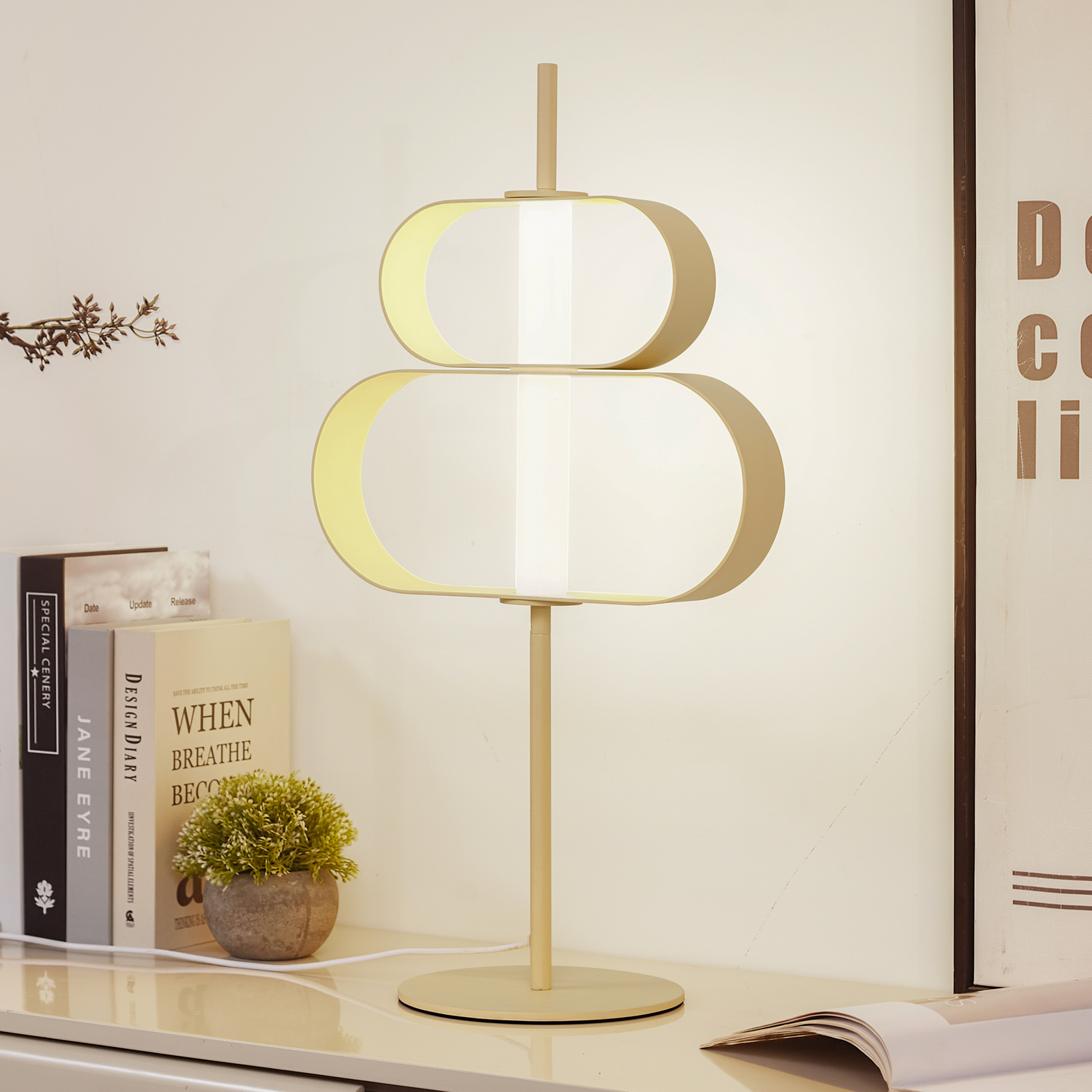 Lucande Audrina LED table lamp, beige, metal, dimmable