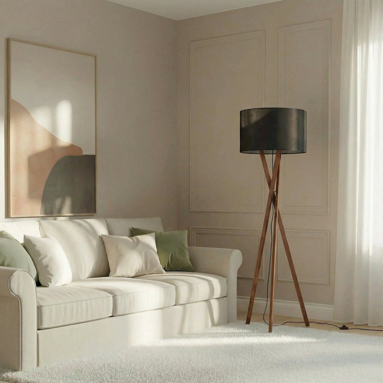 Lucande Stehlampe Auriane, Tripod, schwarz, Stoff, 160 cm