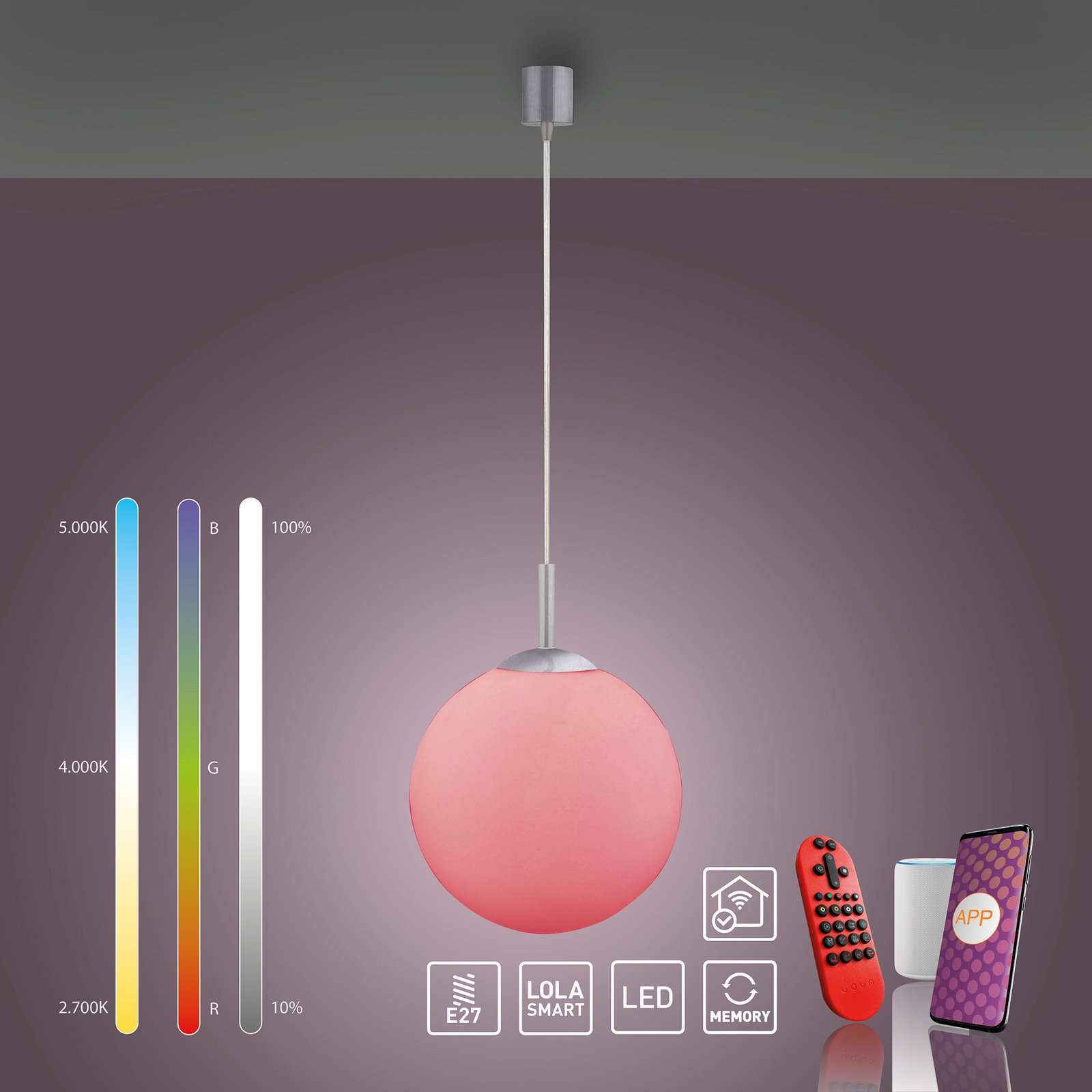 JUST LIGHT. Lampă LED suspendată LOLAsmart Bolo, Ø 25 cm, RGB, CCT