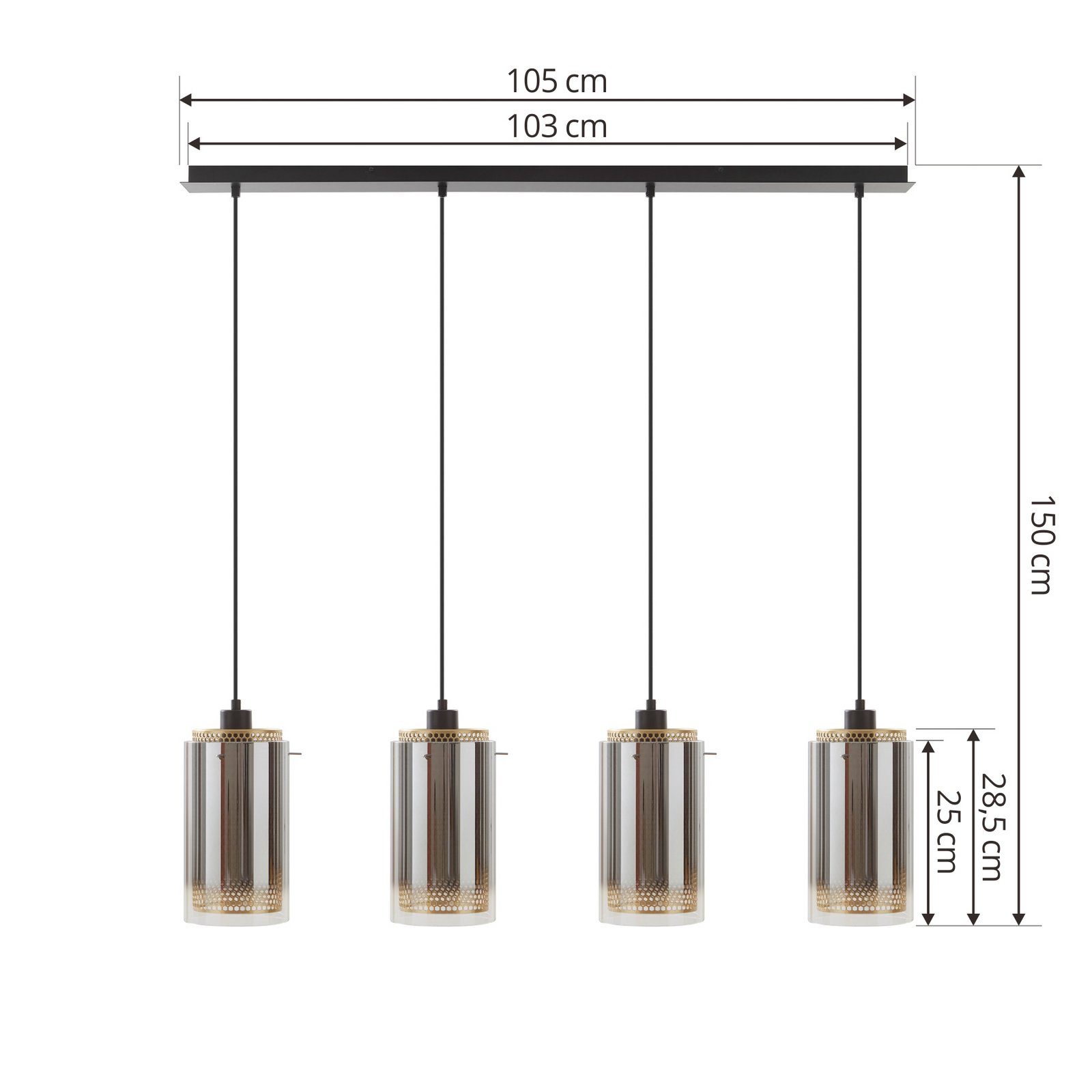 Lampa wisząca Lucande Sterzy, 105 cm długości, szara, szkło, 4-punktowa.