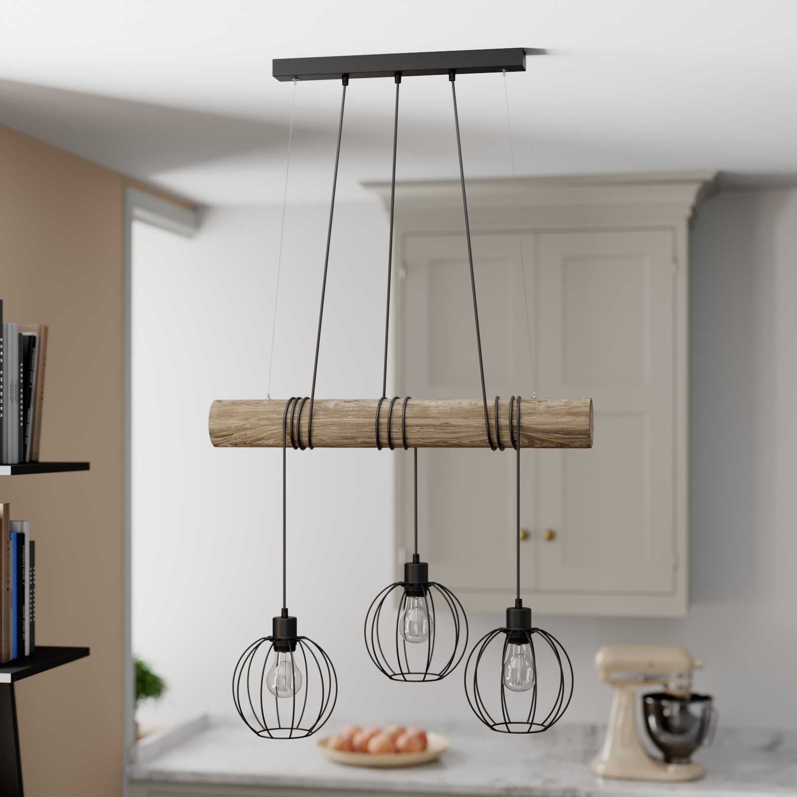 Hanglamp Karou, 3-lamps, grijs gebeitst