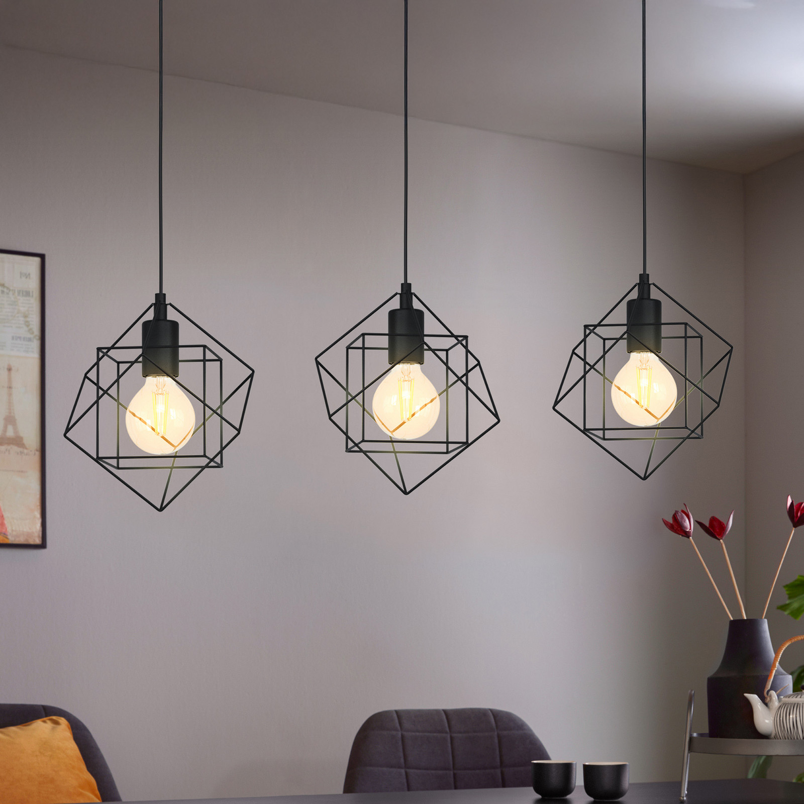 Lampă suspendată Straiton din oțel 3 becuri negru