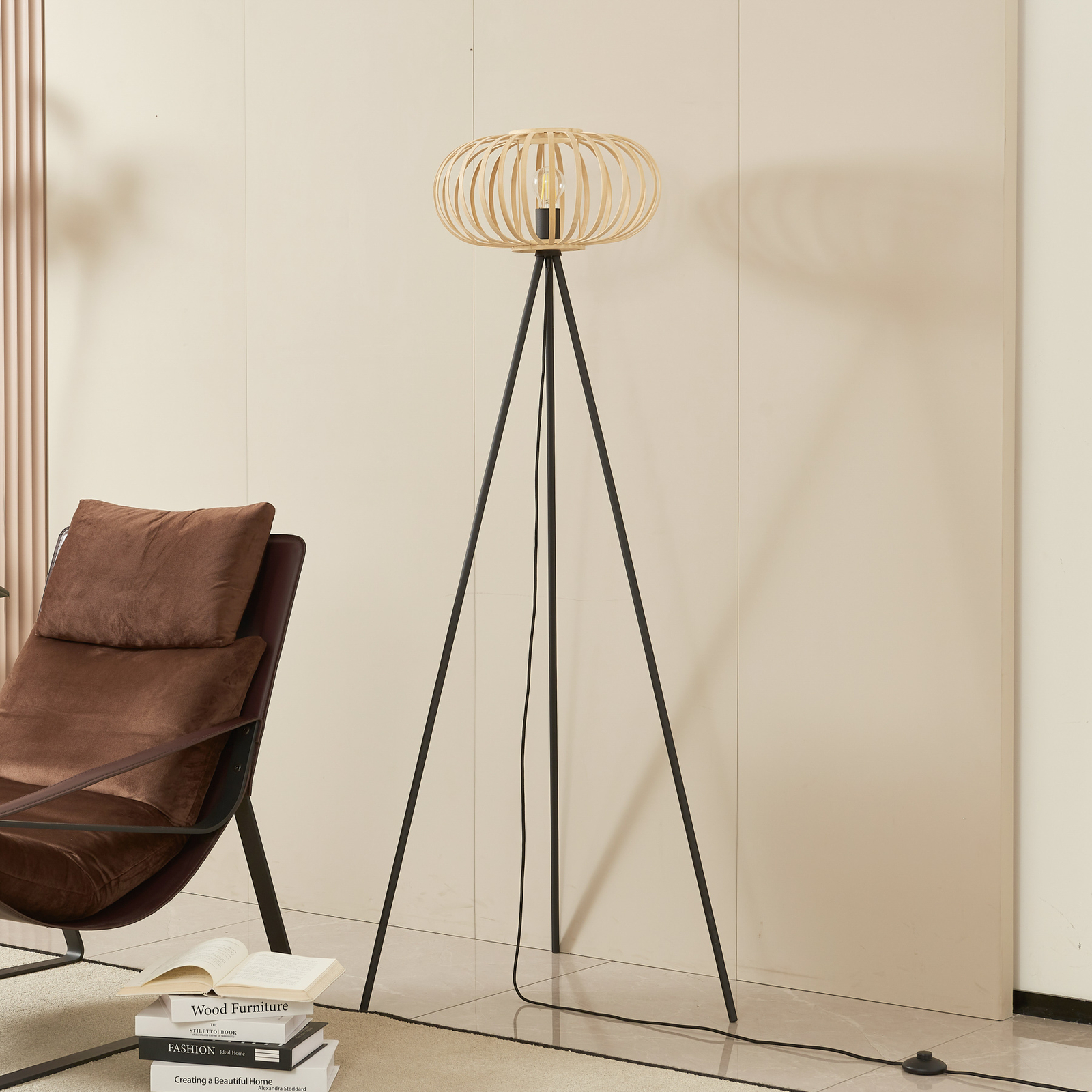 Lindby tripod floor lamp Lielle, natural bamboo, Ø 40 cm