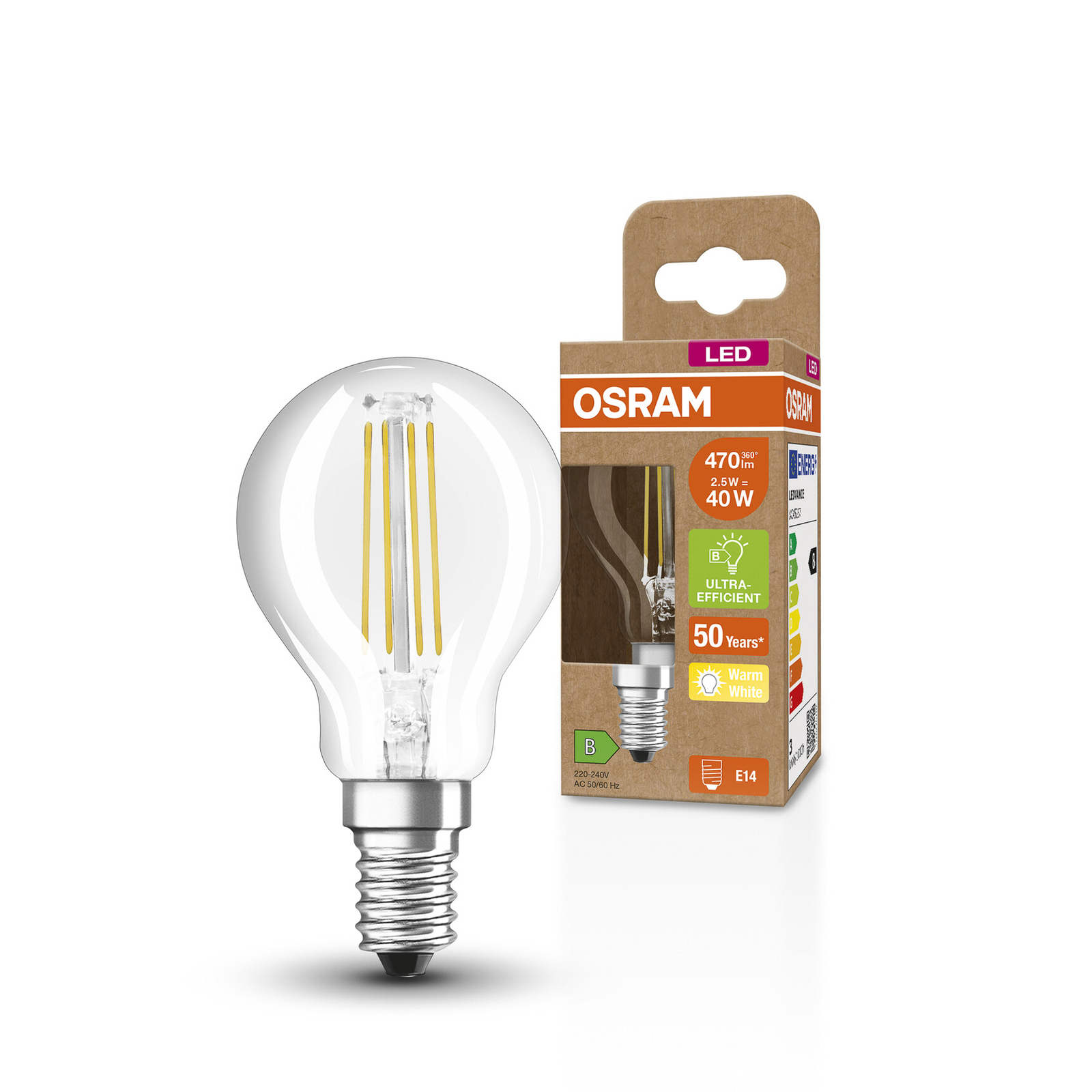 OSRAM Classic LED bulb E14 2.5W 2,700K filament