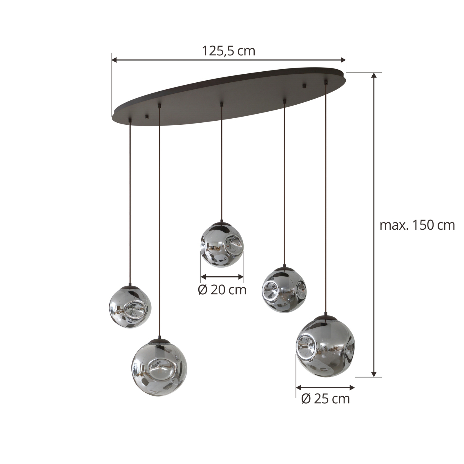 Lindby hanglamp Valentina, E27, 125,5cm hoog, grijs, glas