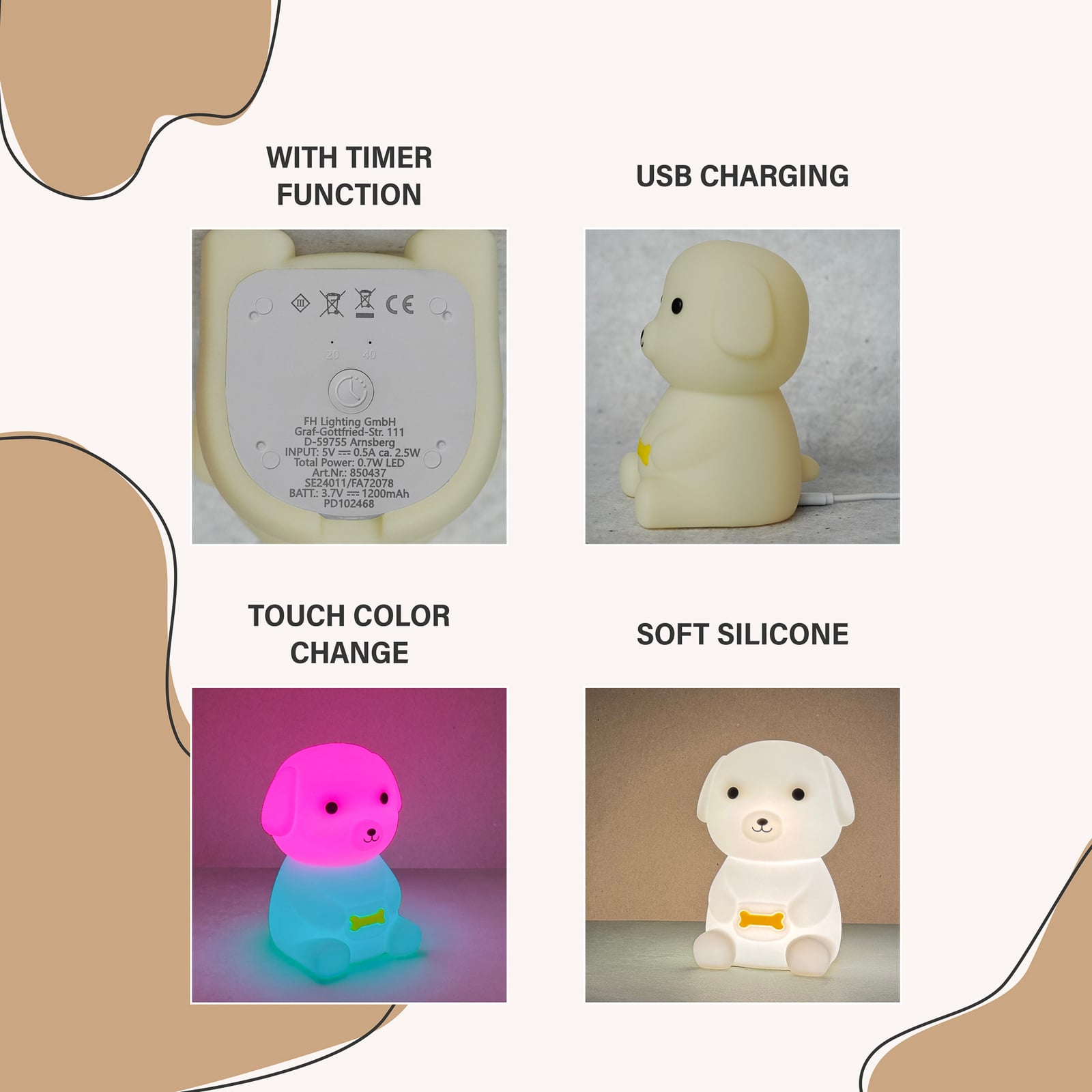 LED-Akku-Nachttischleuchte Puppy, Hund, weiß, RGB, dimmbar
