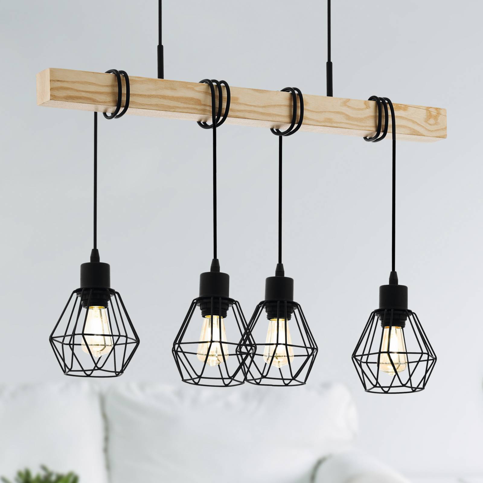 EGLO Suspension Townshend, longueur 70 cm, noir/chêne, 4 lampes