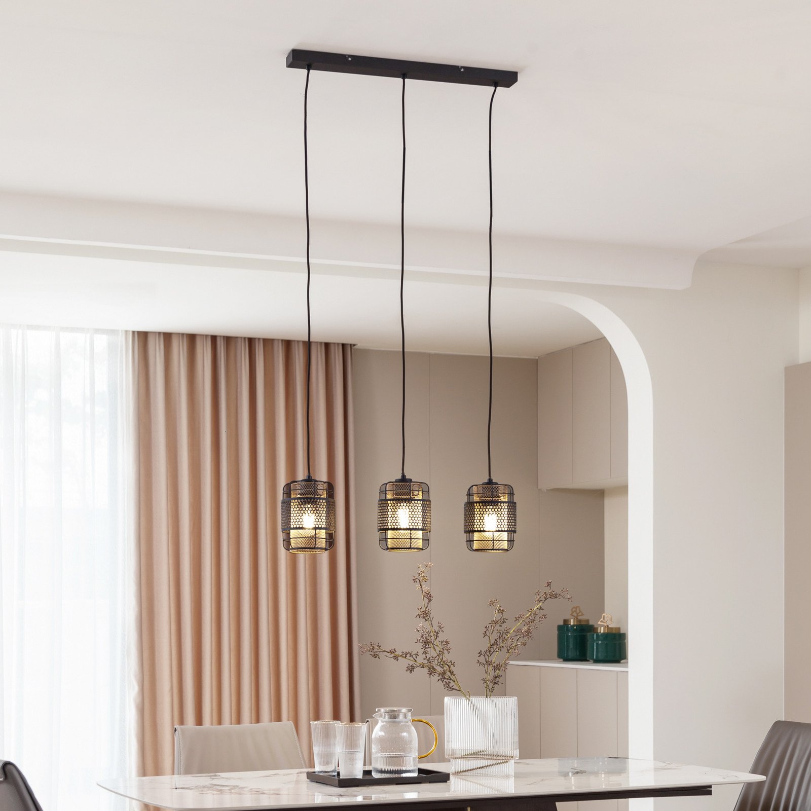 Lindby Eudoria lampă suspendată 3 becuri negru/aur - Camera de zi / sufragerie - modern - negru auriu - Metal