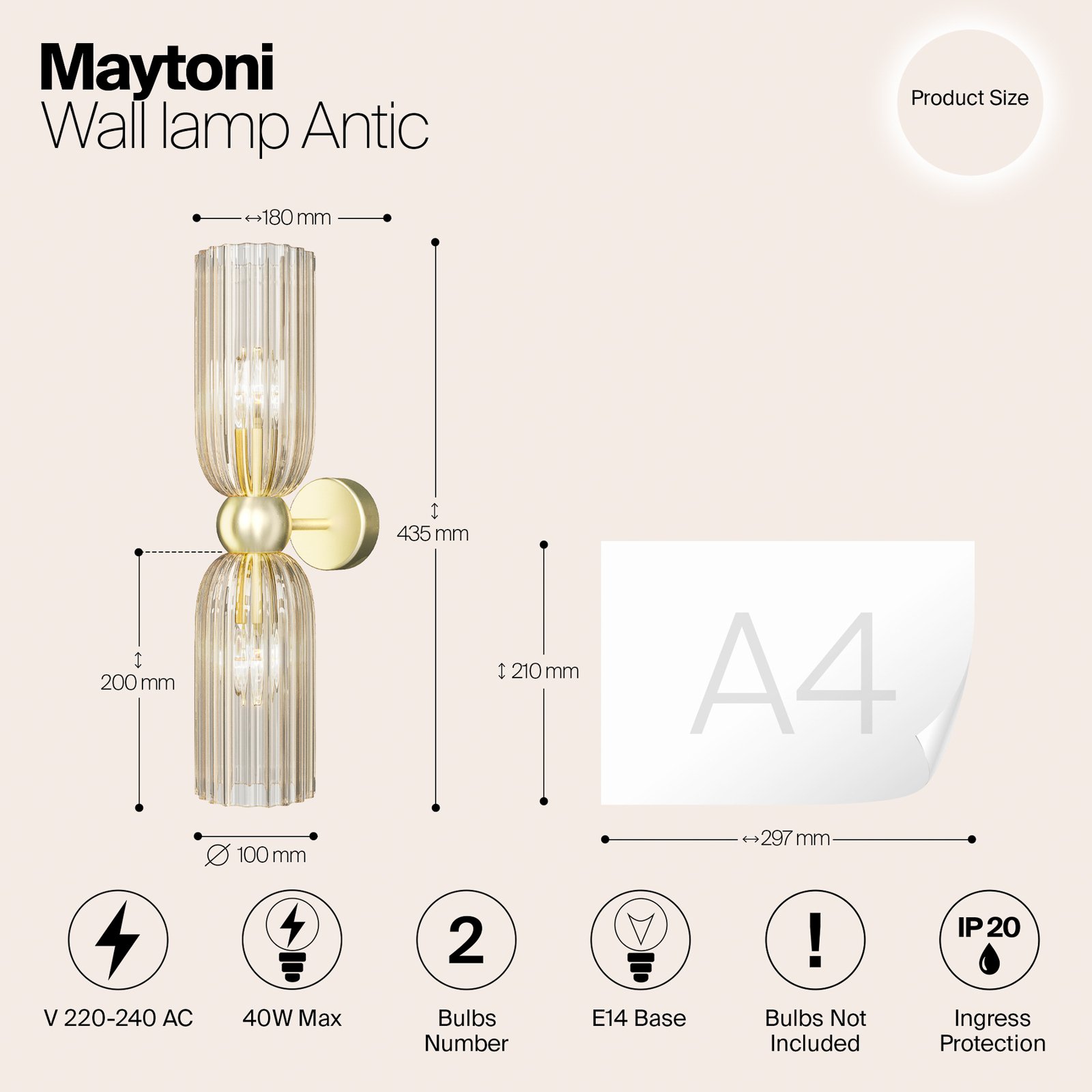 Maytoni wandlamp Antic, 2-lamps, goud/amber, glas