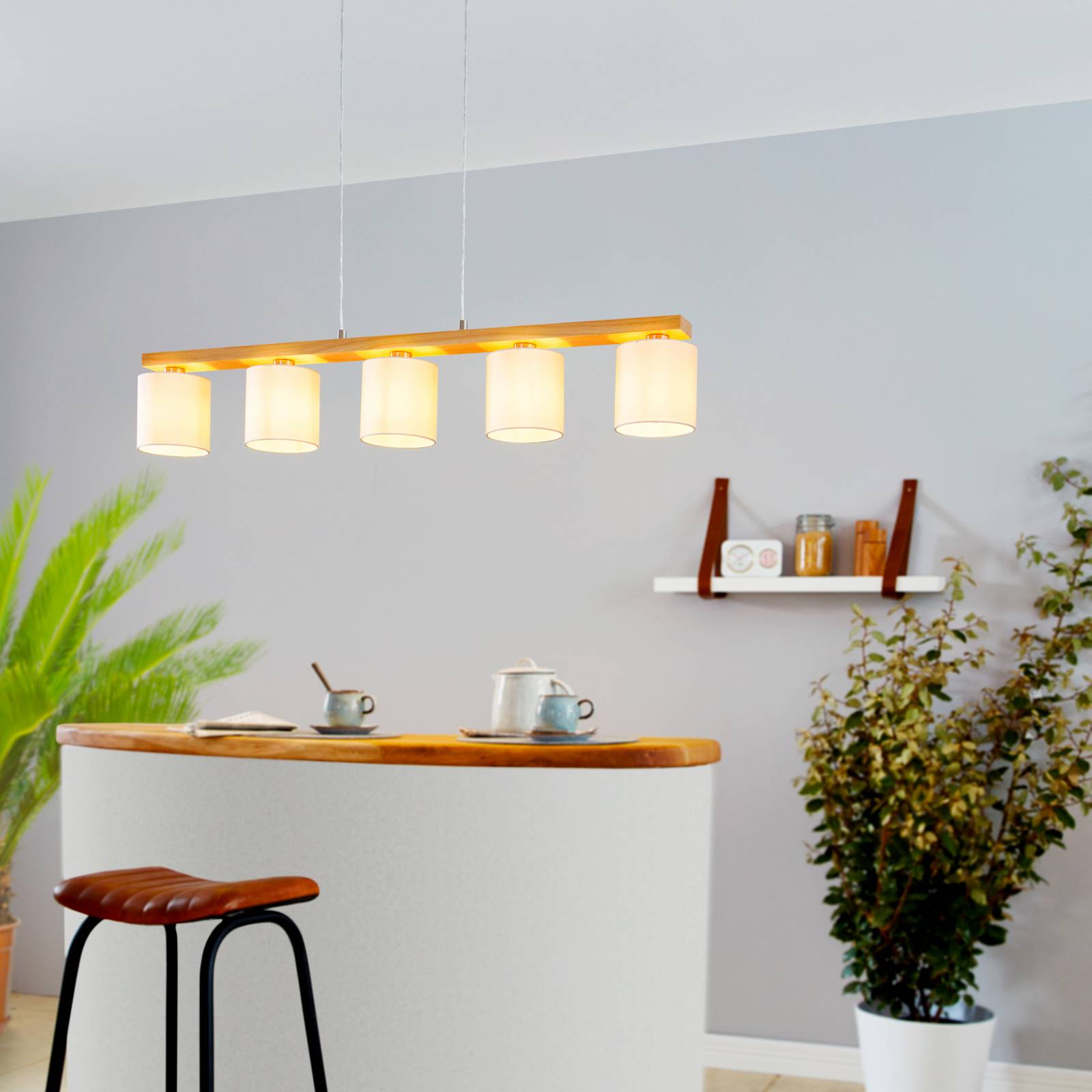 EGLO Castralvo hanglamp, lengte 115 cm, hout/wit, 5-lamps, stof