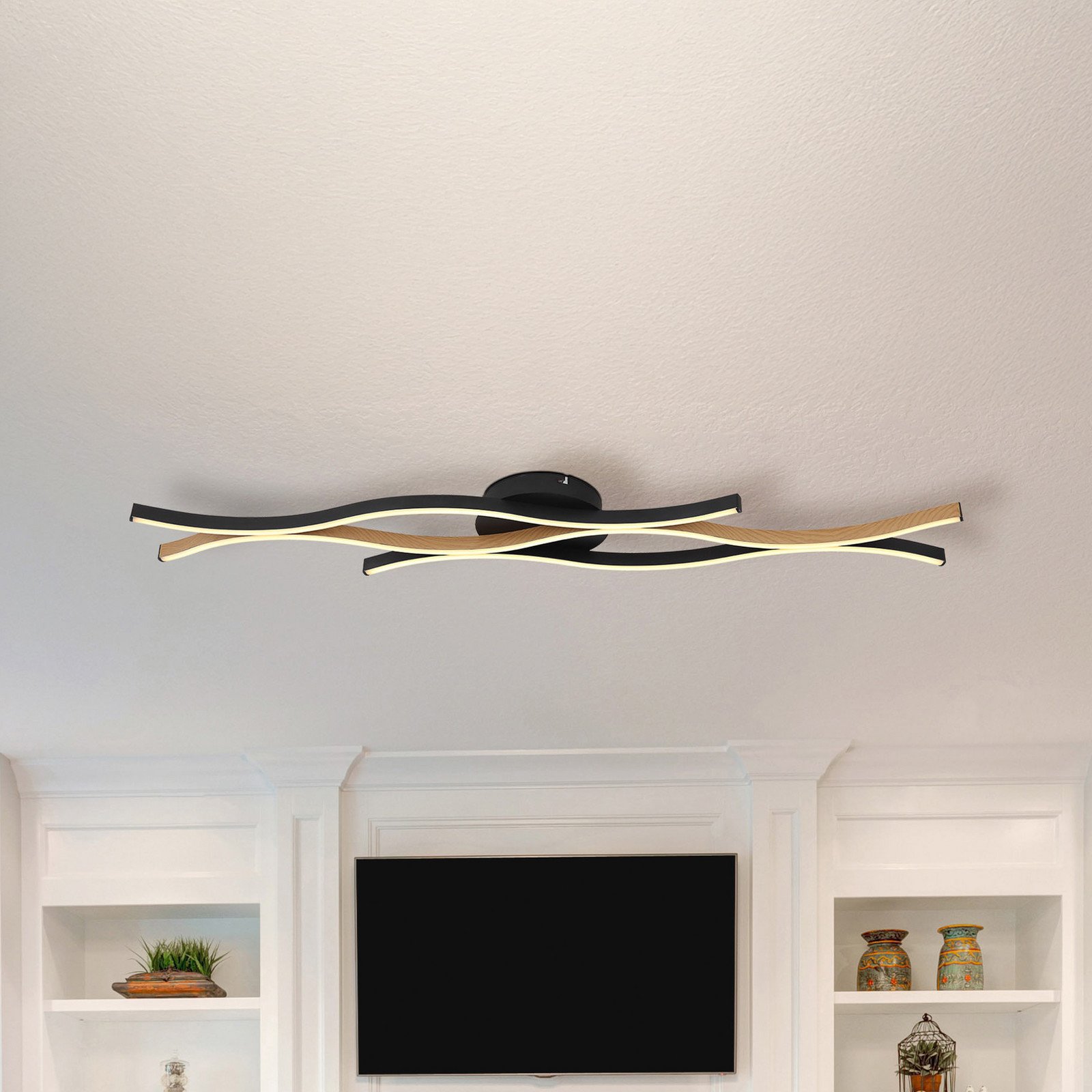 Globo Plafonieră LED Geronimo lungime 108 cm negru/aspect lemn - Camera de zi / sufragerie - Modern - negru lemn închis - Aluminiu