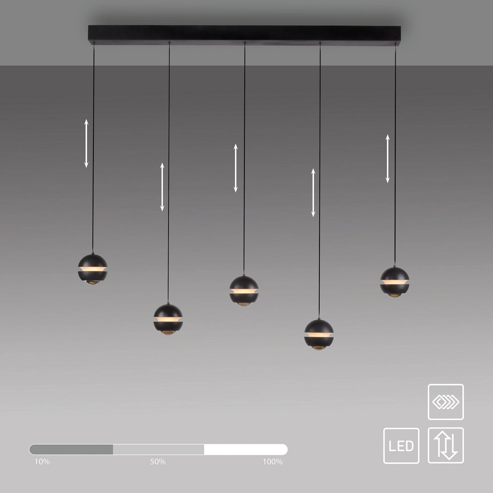 Schöner Wohnen LED hanglamp Lini zwart 5-lamps lang 3.000K Schöner Wohnen LED hanglamp Lini zwart 5-lamps lang 3.000K