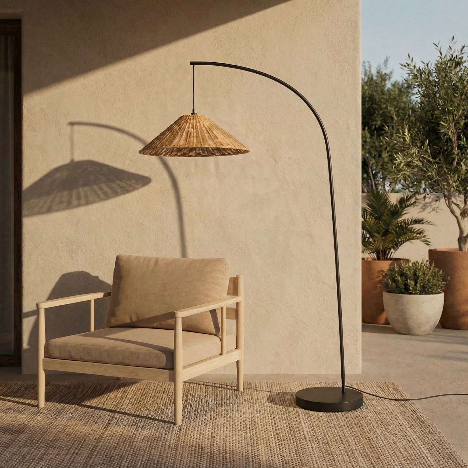 Venkovní stojací lampa Taniola, 195 cm, E27, kuželovitá, ratan, IP44 - Lucande