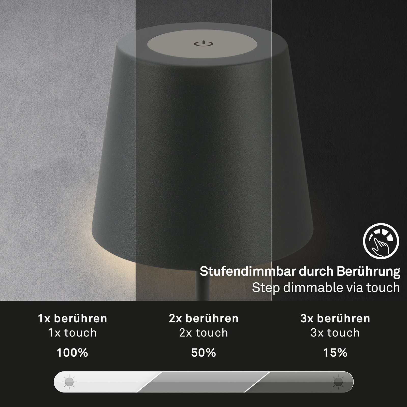 Lampe de table LED rechargeable 7508015, anthracite 2.700 K IP44 Touchdim