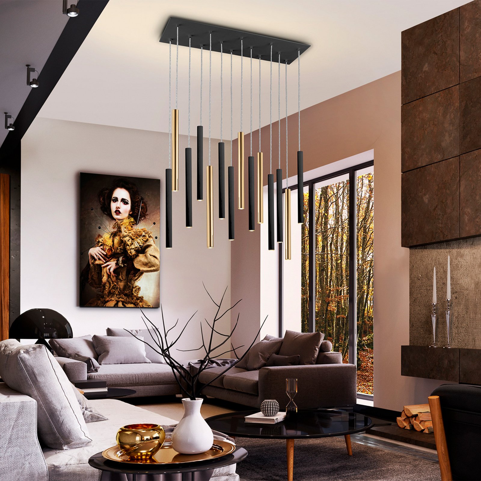 LED piekaramā lampa Varas ar regulējamu apgaismojumu, 14 gaismas, zelta/melna,