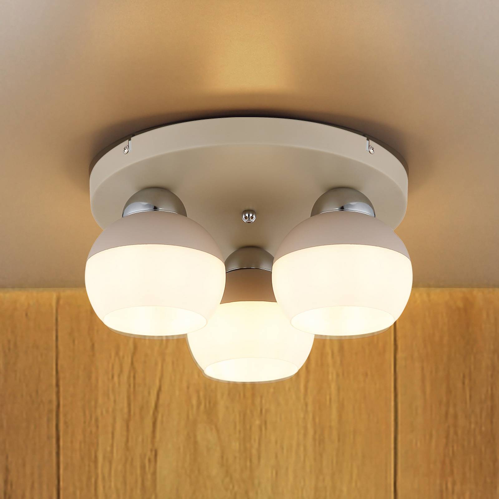 Lampa sufitowa Ragusa, Ø 31 cm, kolor piaskowy/chrom, metal/szkło, 3-punktowa