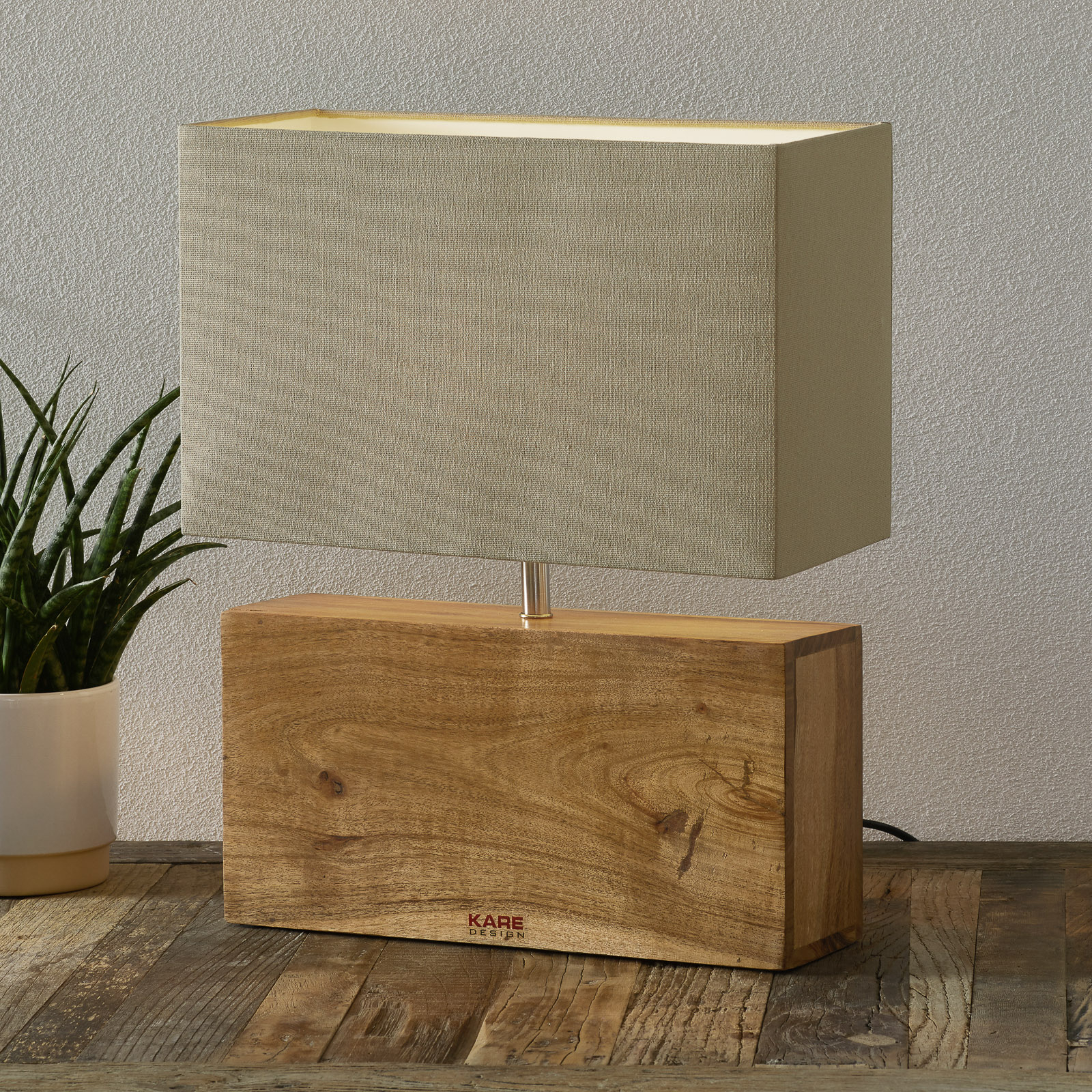 Kare KARE Rectangular Wood - wooden base table lamp, for Living / Dining Room, cotton, acacia wood, steel, E27, 60 W, energy efficiency: A++, L: 33 cm, W: 10 cm, H: 43 cm